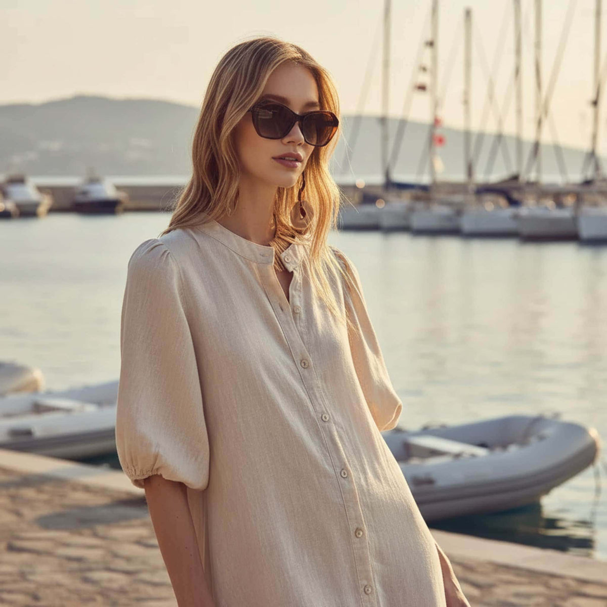 Puff Sleeve Linen Midi Dress, Button Front Midi Dress