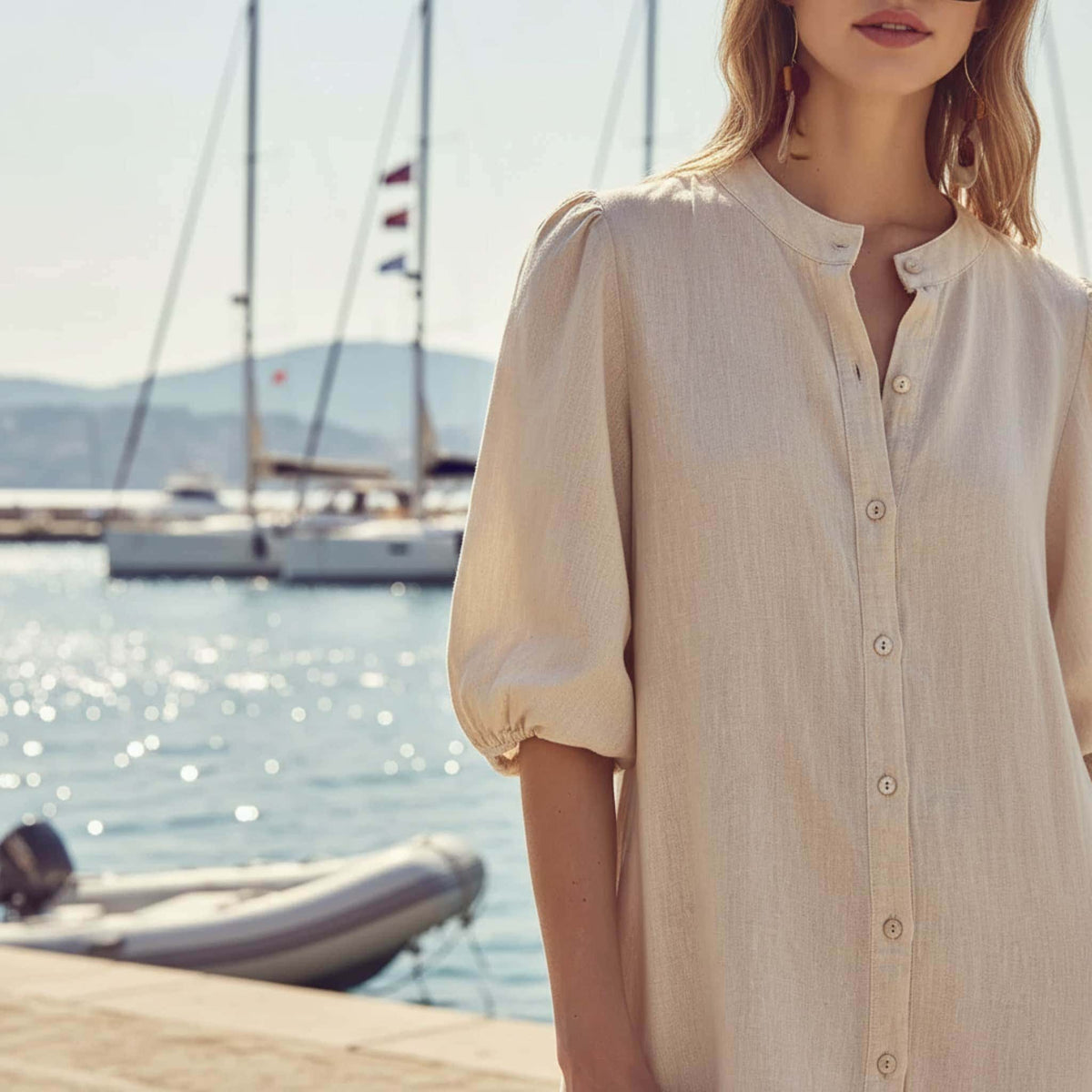 Puff Sleeve Linen Midi Dress, Button Front Midi Dress