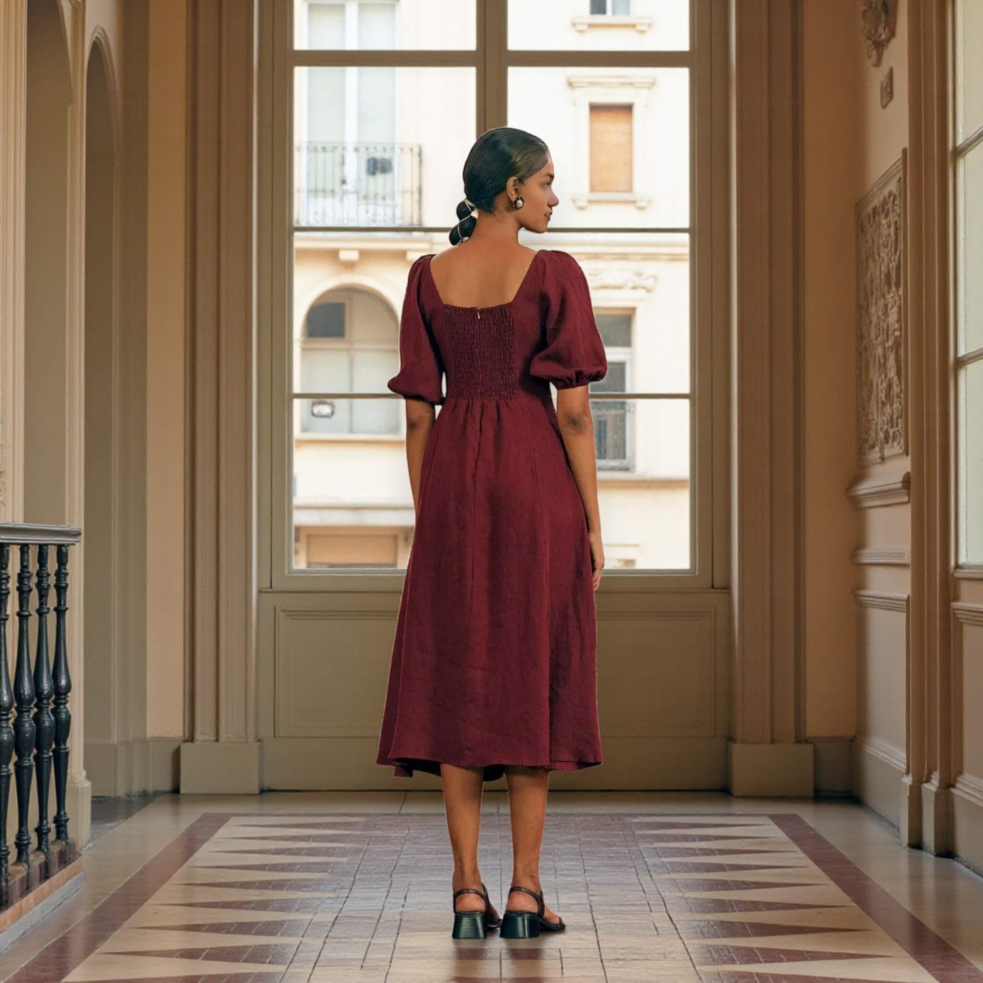 Puff Sleeve Linen Midi Dress, Button Front Midi Dress