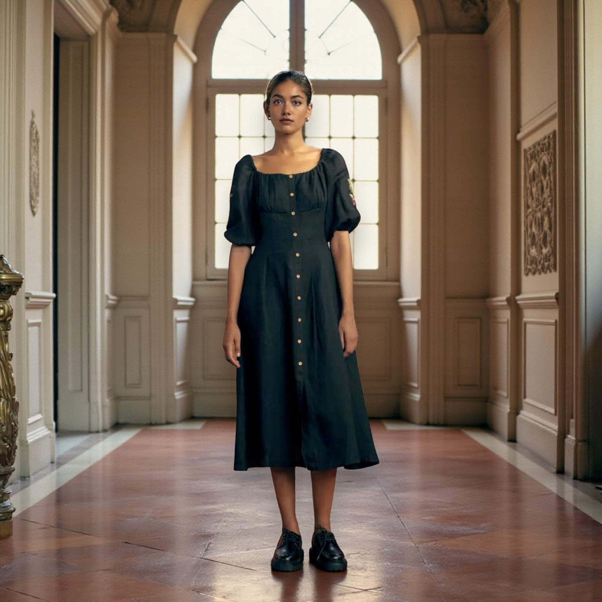 Puff Sleeve Linen Midi Dress, Button Front Midi Dress