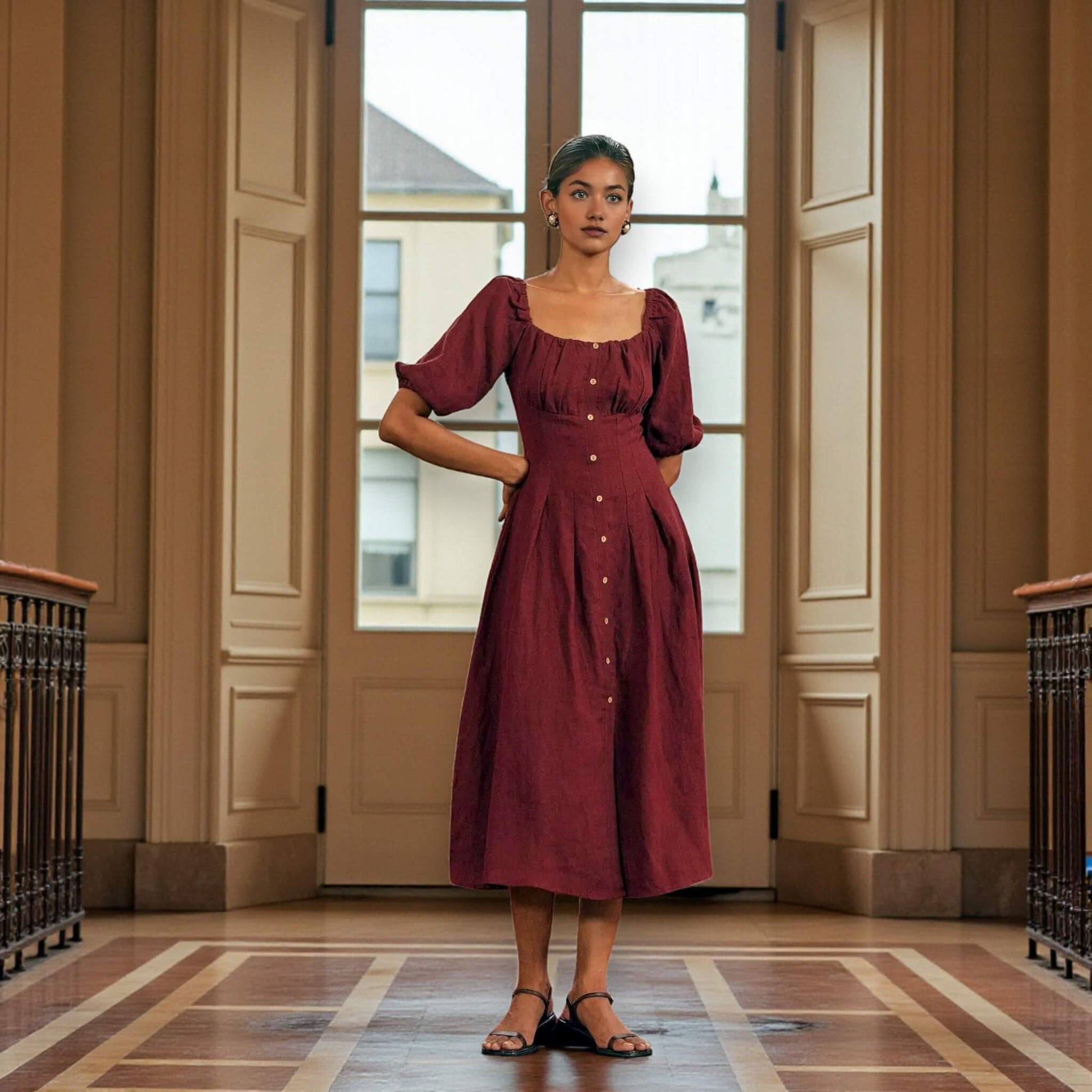 Puff Sleeve Linen Midi Dress, Button Front Midi Dress