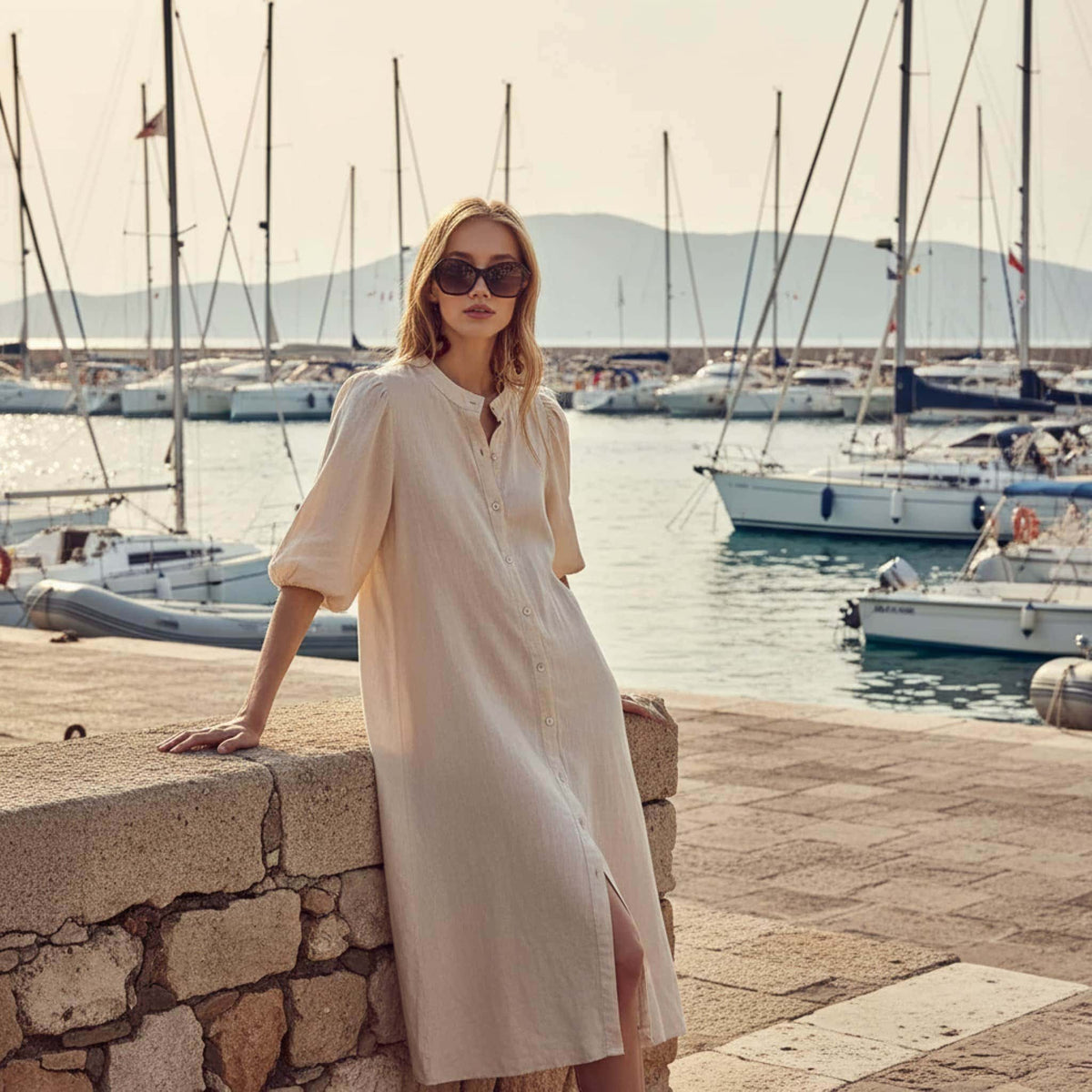 Puff Sleeve Linen Midi Dress, Button Front Midi Dress