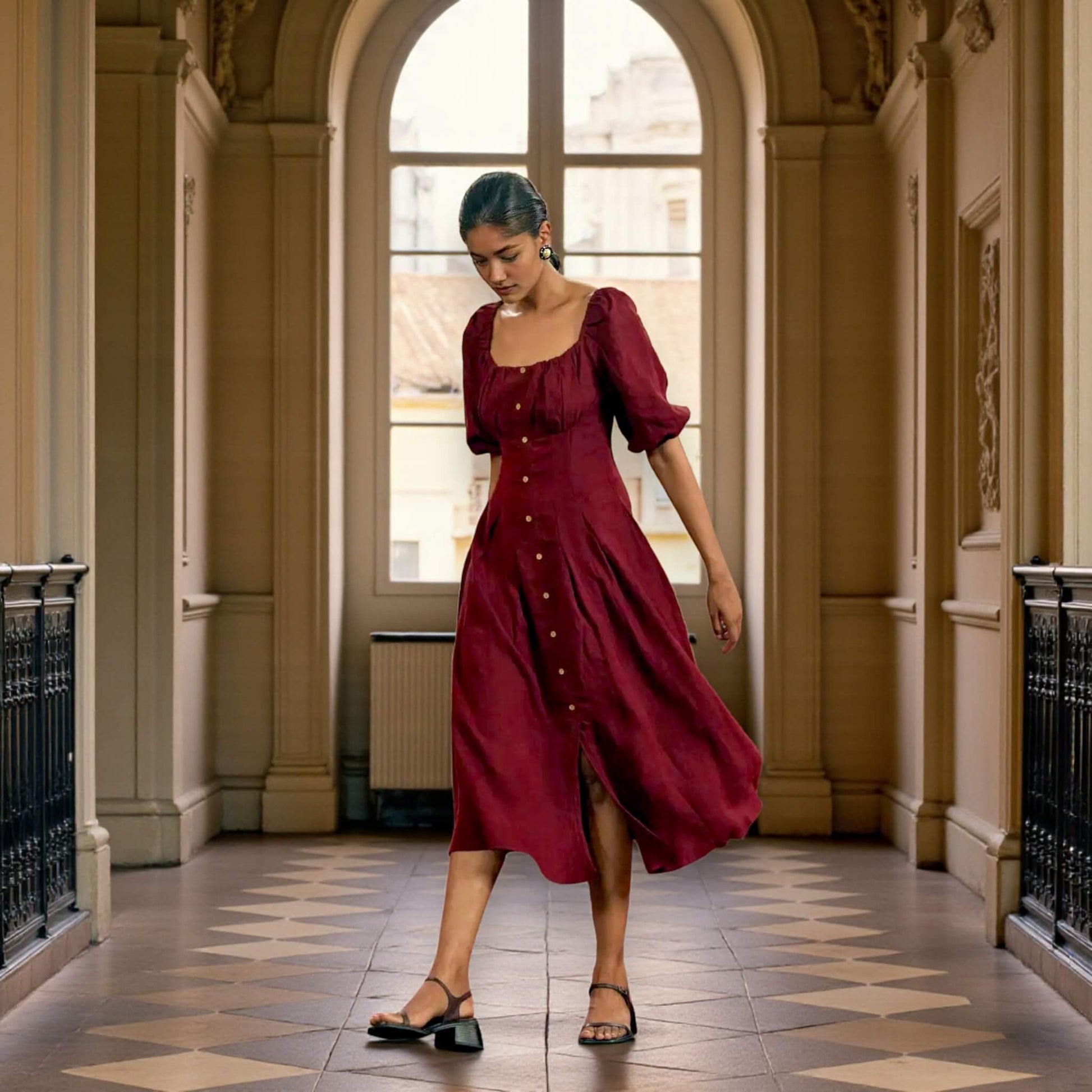 Puff Sleeve Linen Midi Dress, Button Front Midi Dress