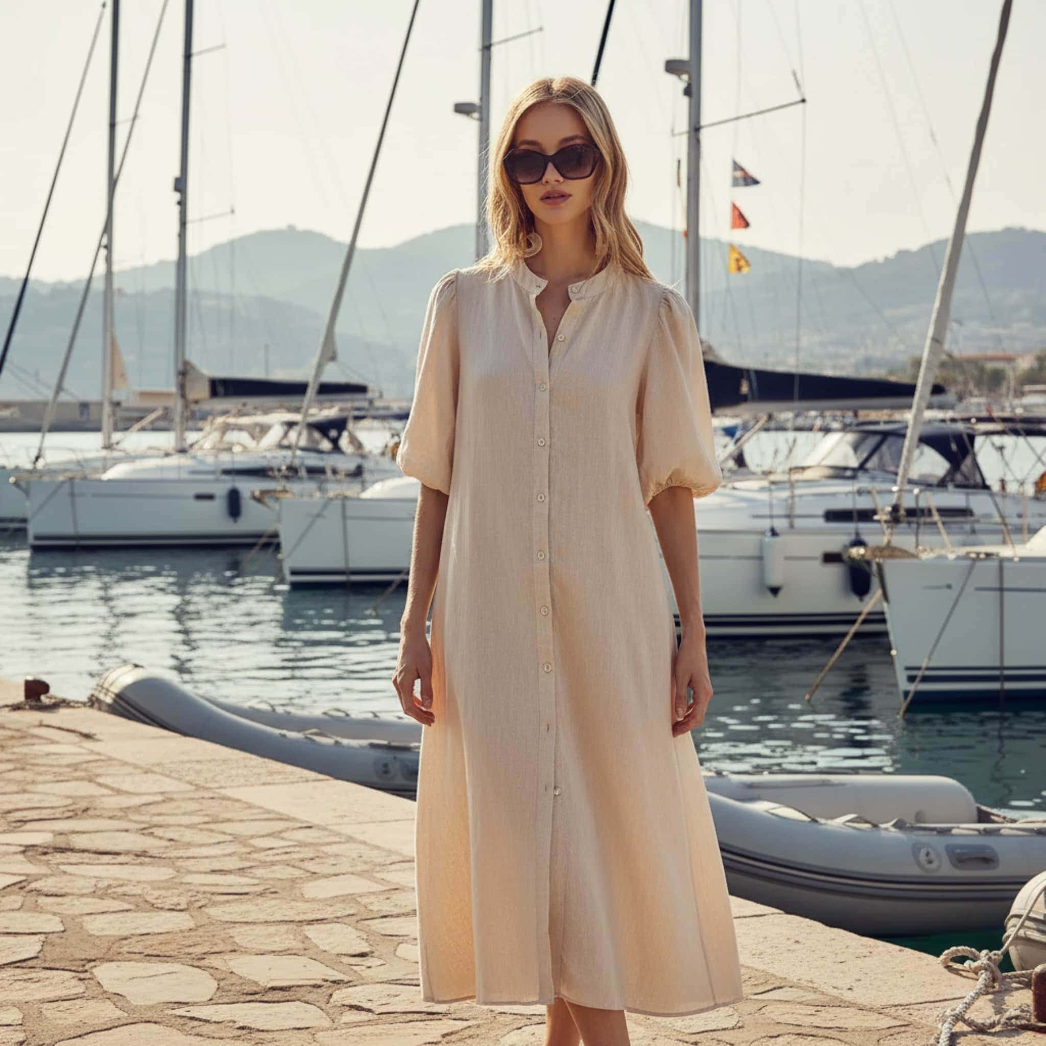 Puff Sleeve Linen Midi Dress, Button Front Midi Dress