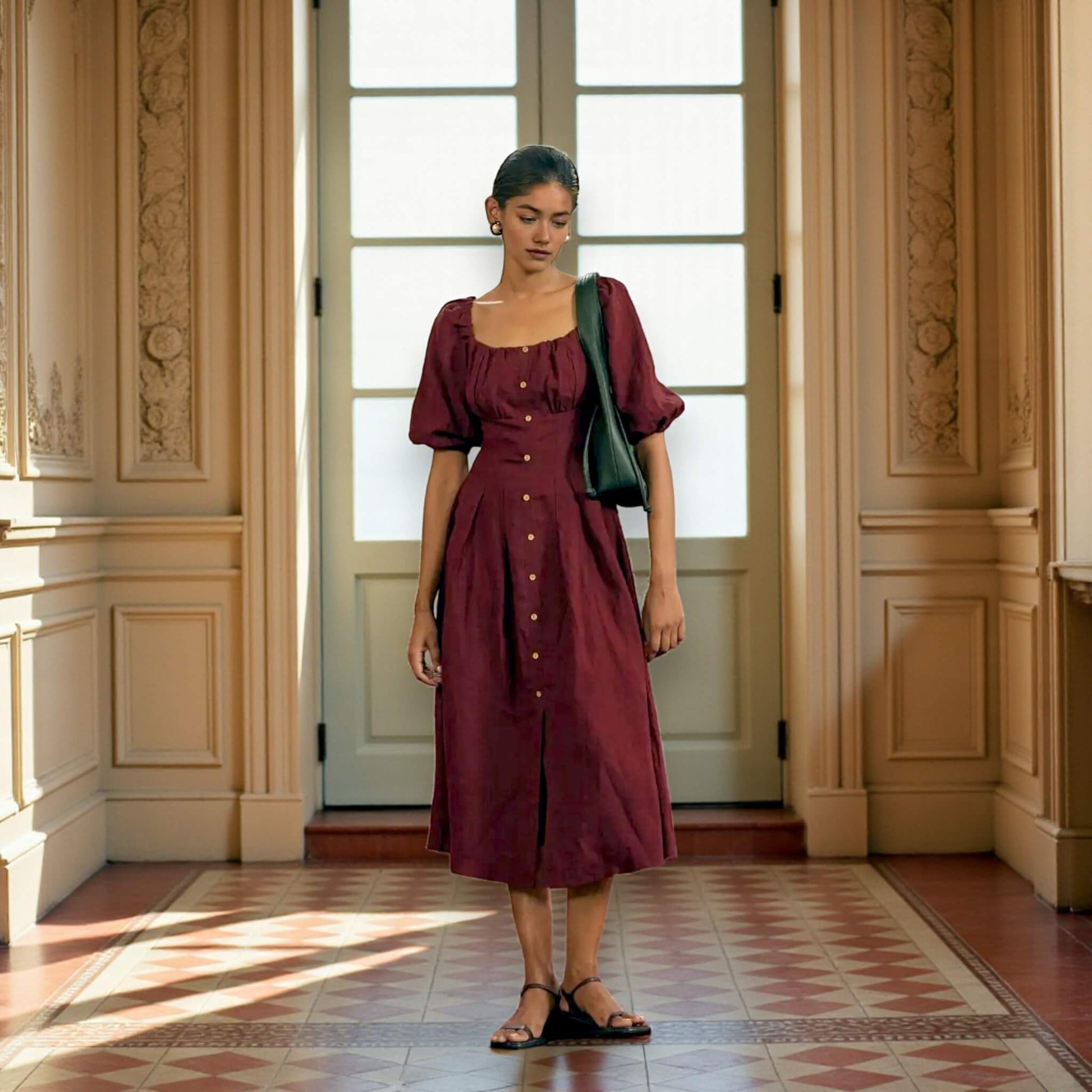 Puff Sleeve Linen Midi Dress, Button Front Midi Dress