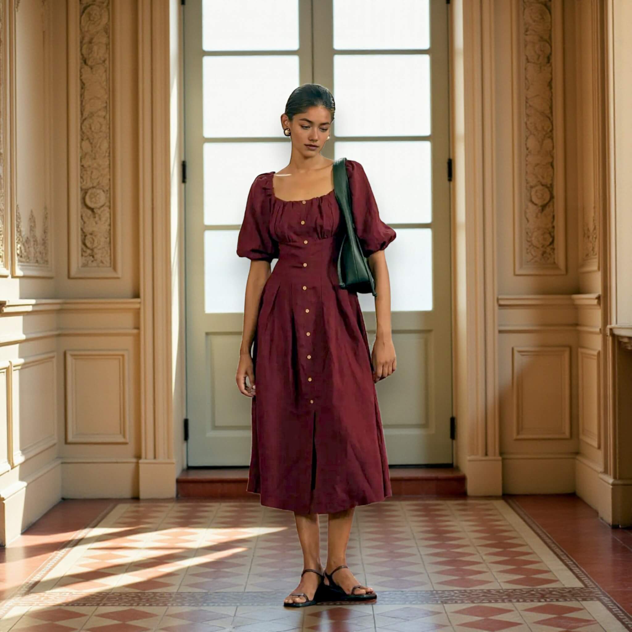 Puff Sleeve Linen Midi Dress, Button Front Midi Dress