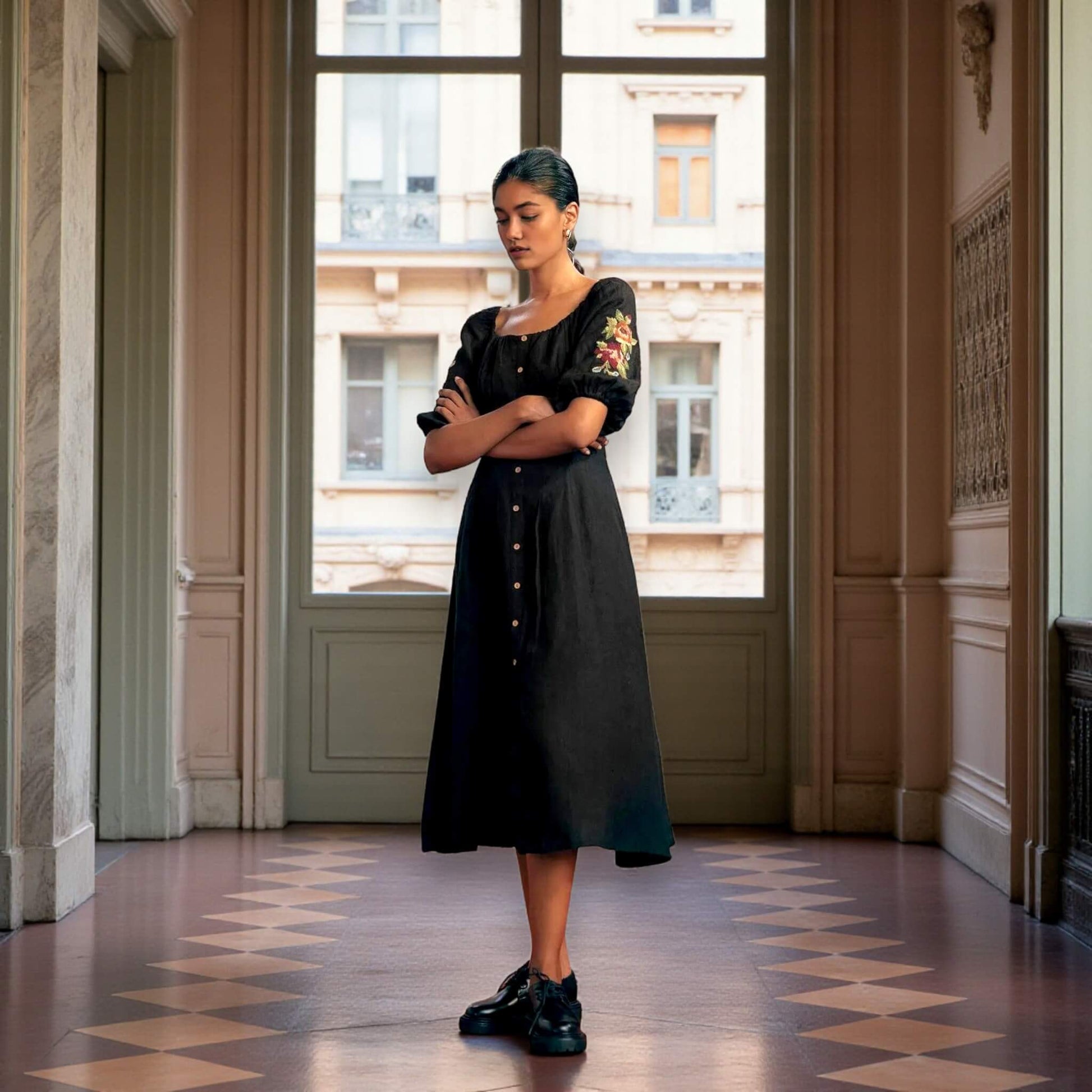 Puff Sleeve Linen Midi Dress, Button Front Midi Dress