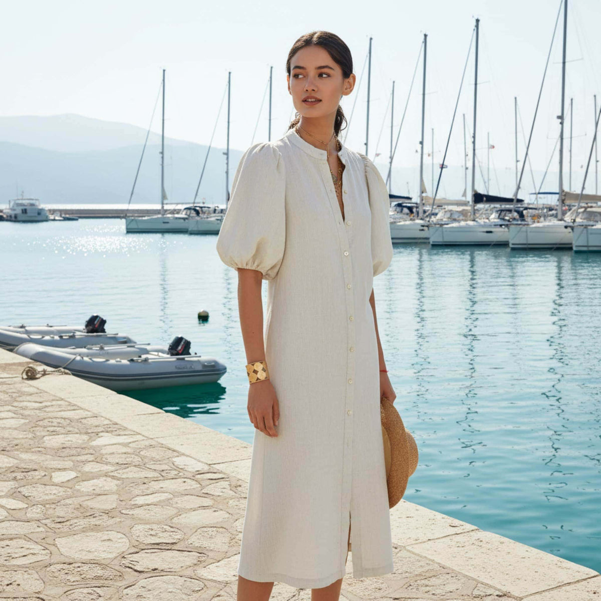 Puff Sleeve Linen Midi Dress, Button Front Midi Dress