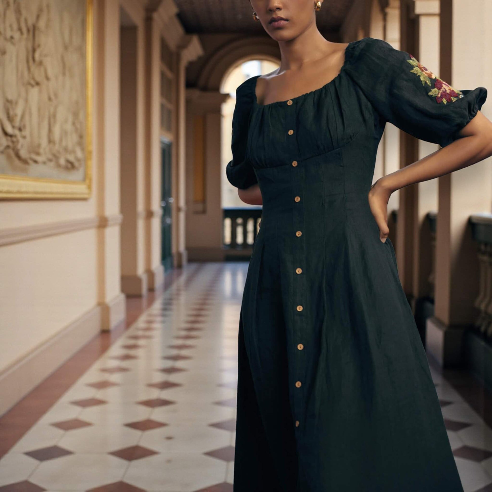 Puff Sleeve Linen Midi Dress, Button Front Midi Dress