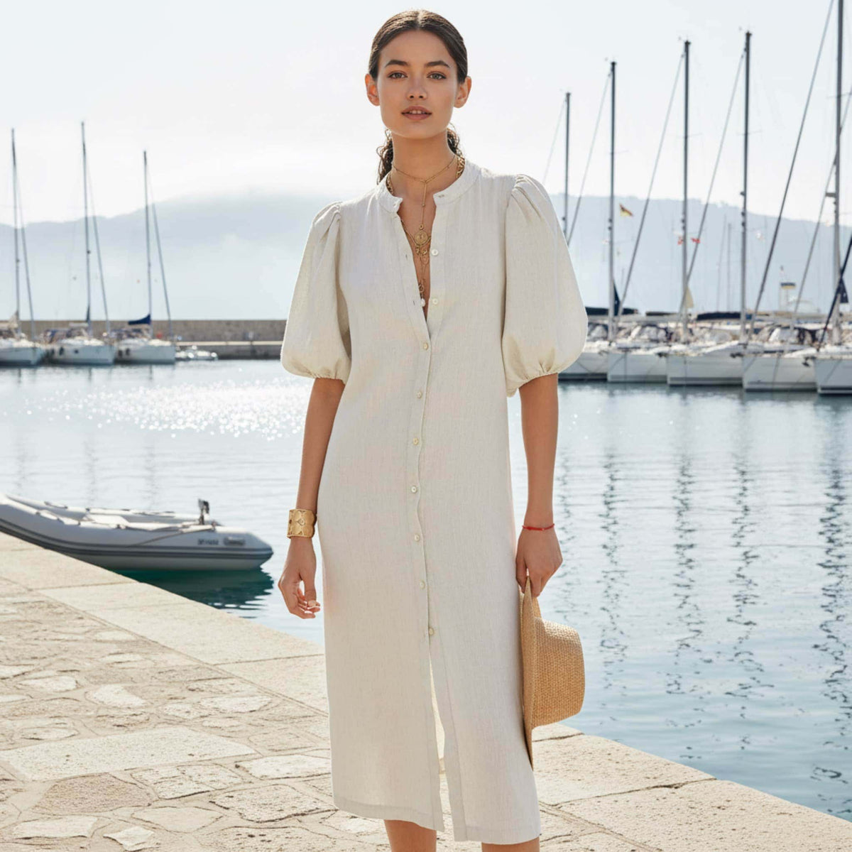 Puff Sleeve Linen Midi Dress, Button Front Midi Dress