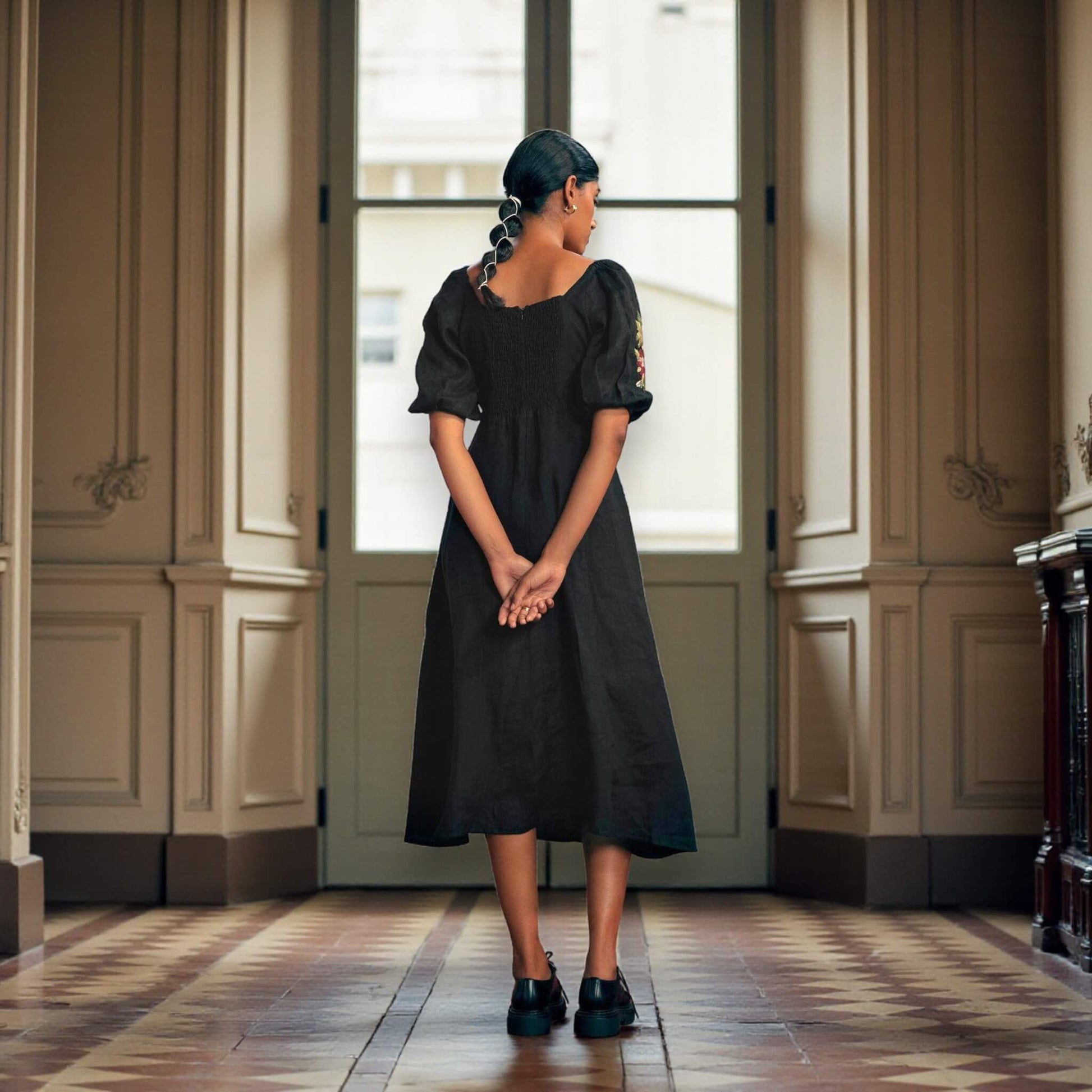 Puff Sleeve Linen Midi Dress, Button Front Midi Dress