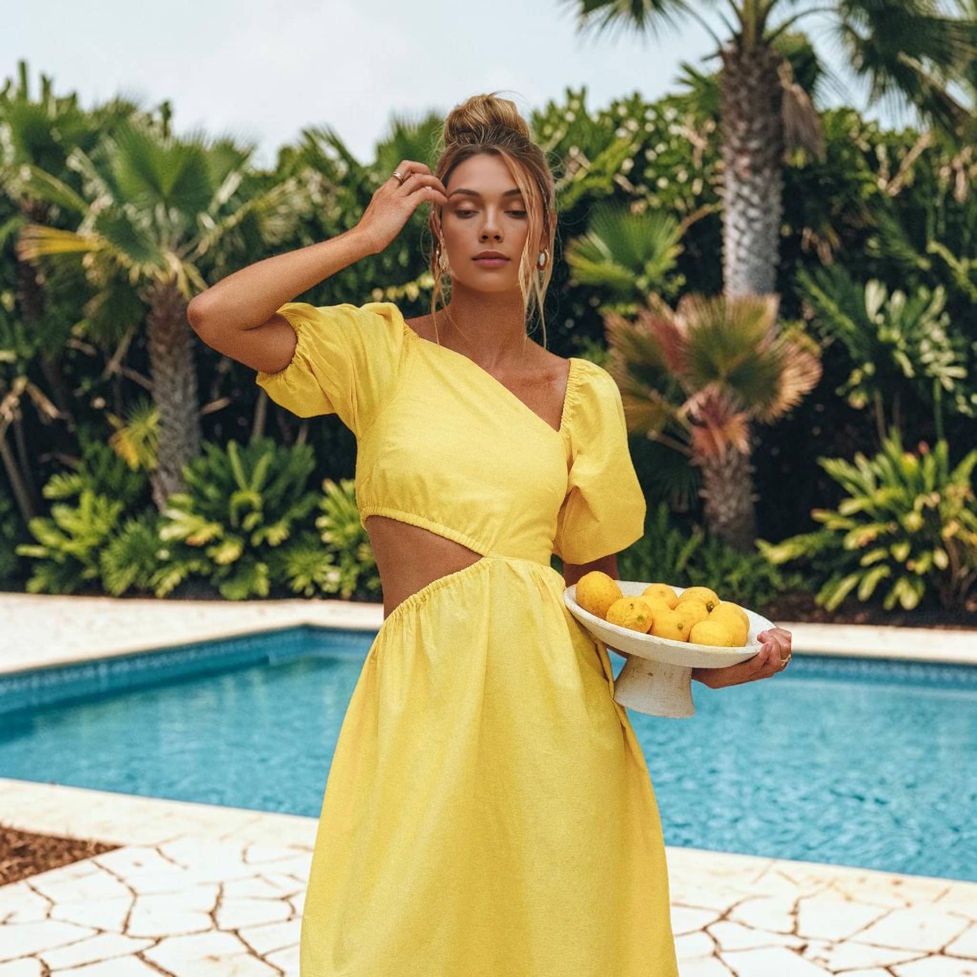 Puff Sleeve Linen Midi Dress, Cut Out Waist