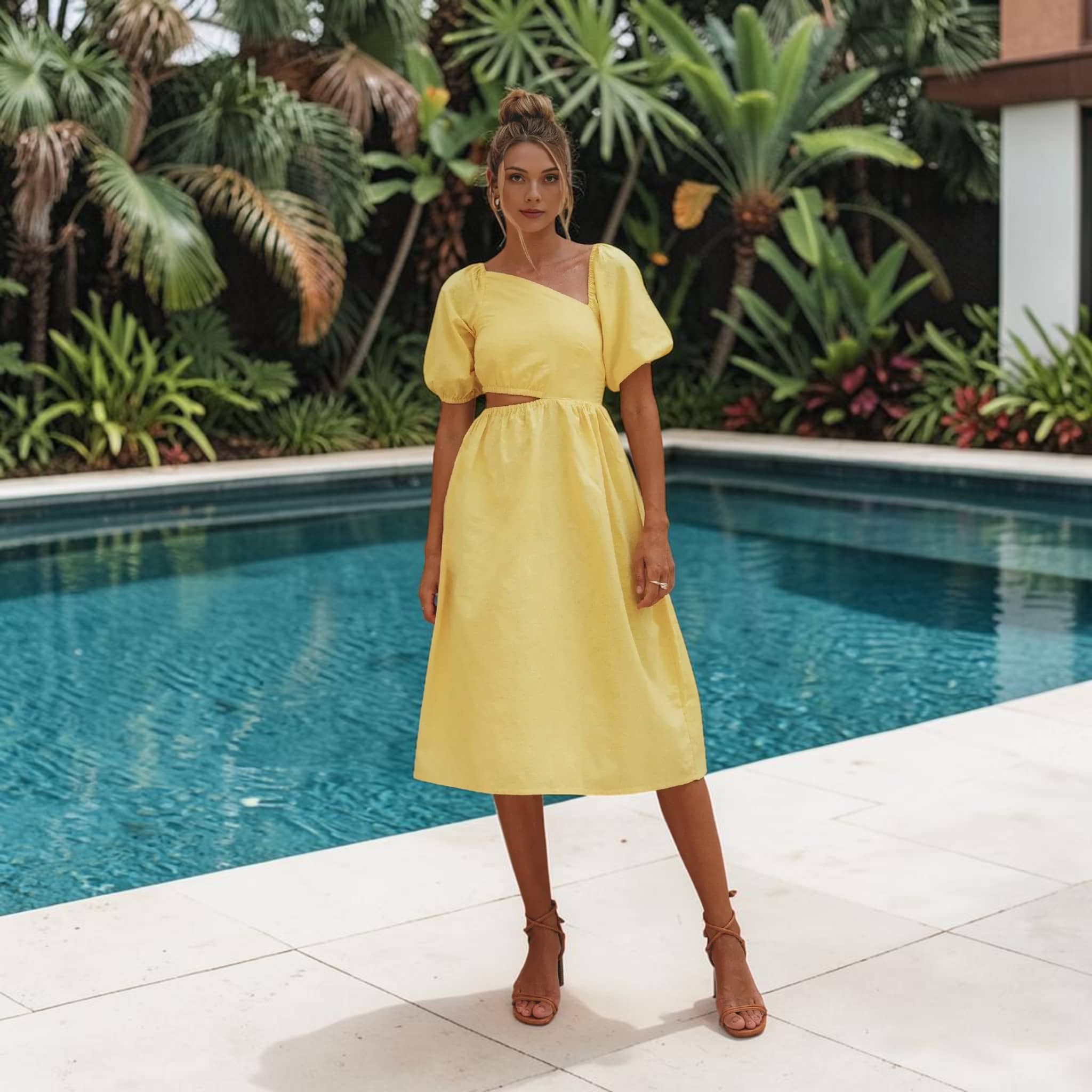 Puff Sleeve Linen Midi Dress, Cut Out Waist