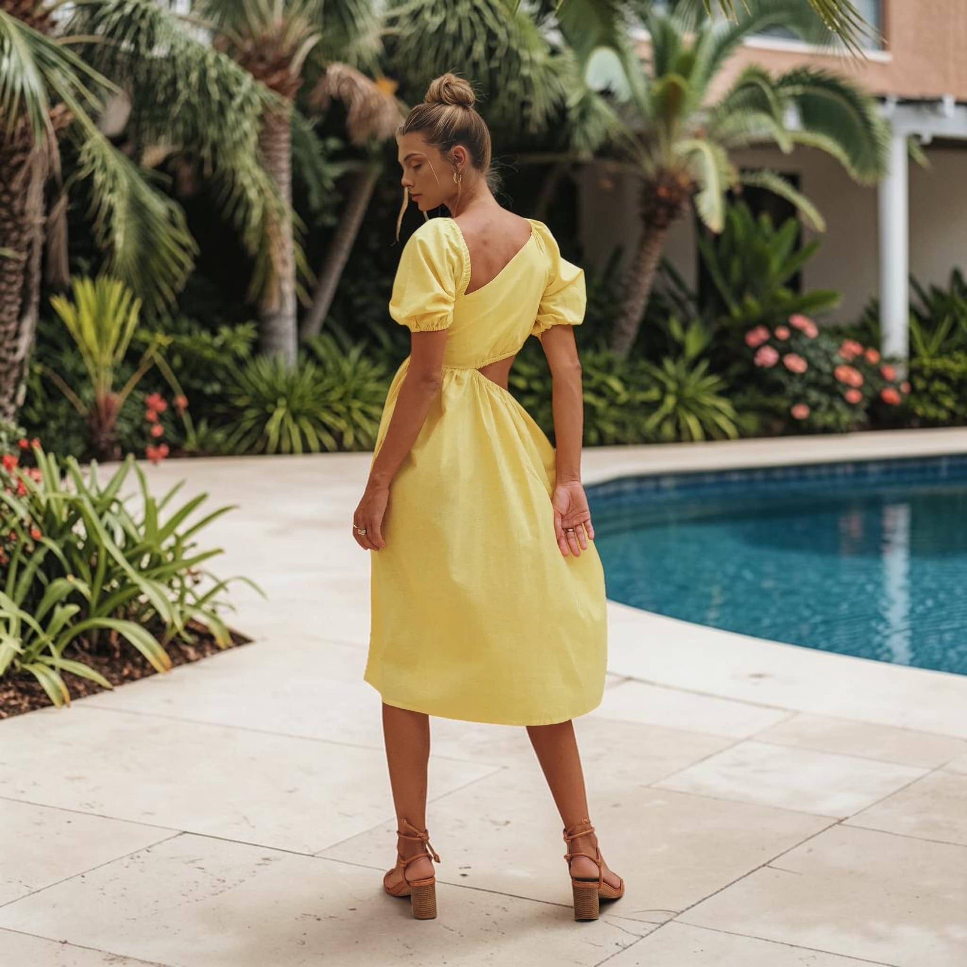 Puff Sleeve Linen Midi Dress, Cut Out Waist