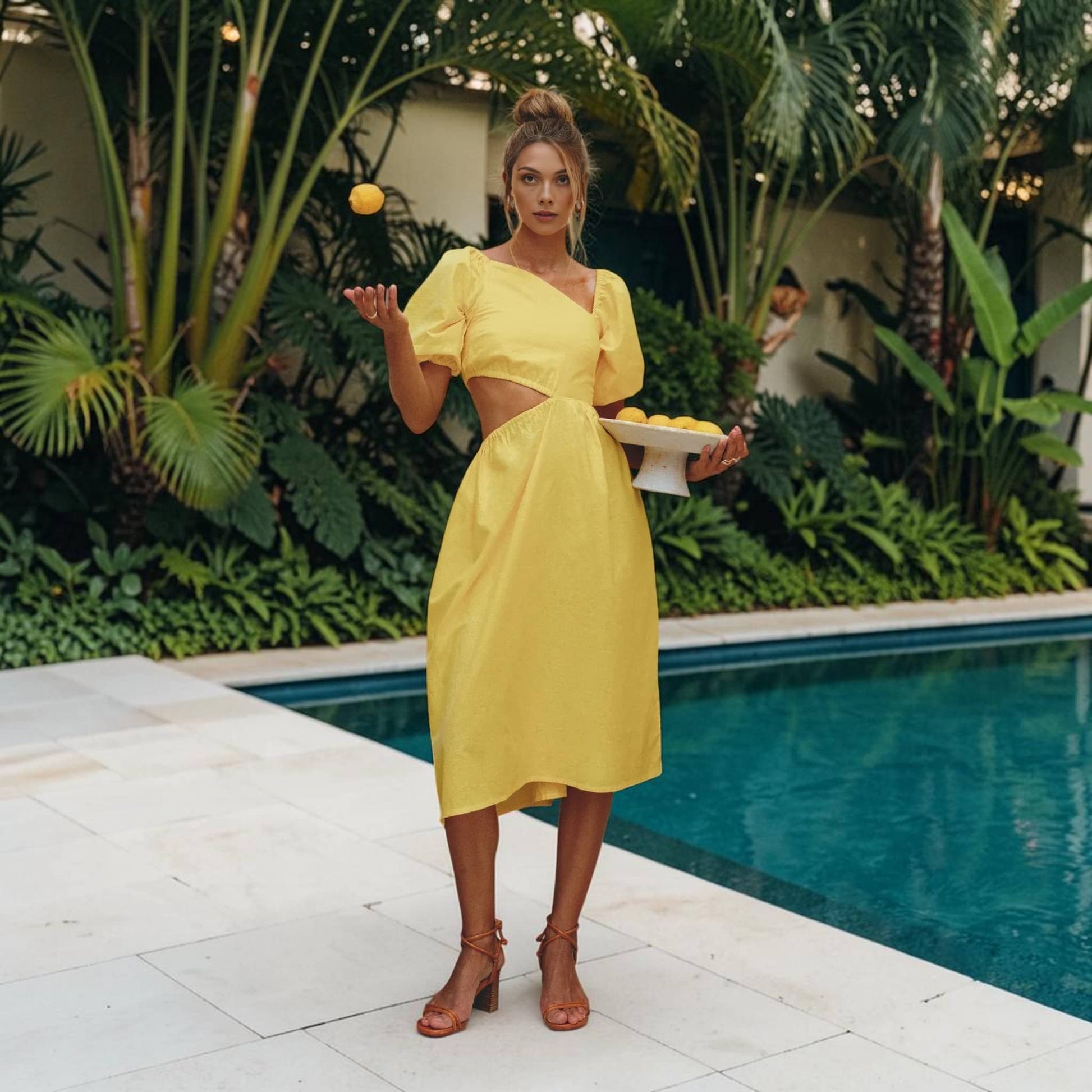 Puff Sleeve Linen Midi Dress, Cut Out Waist