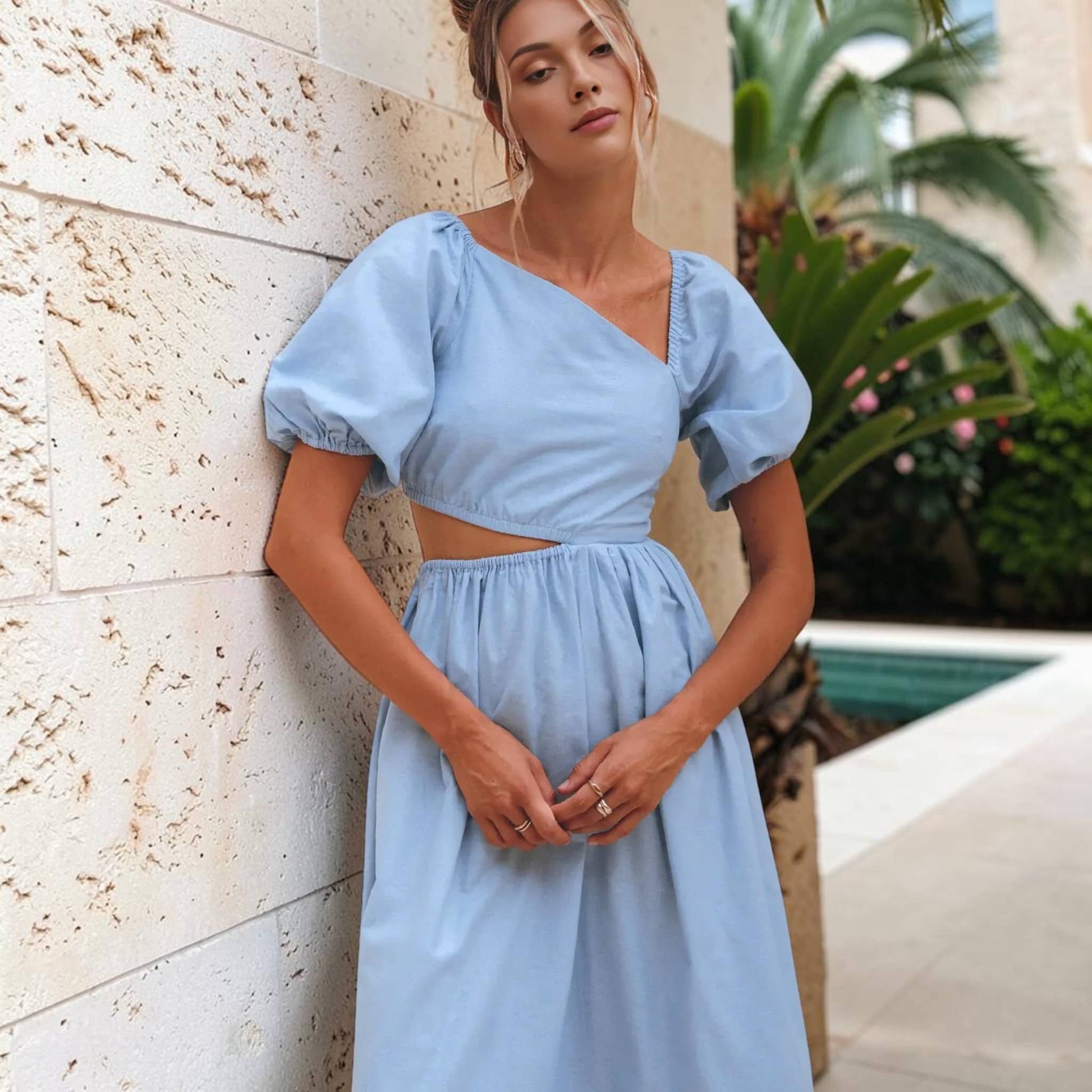Puff Sleeve Linen Midi Dress, Cut Out Waist