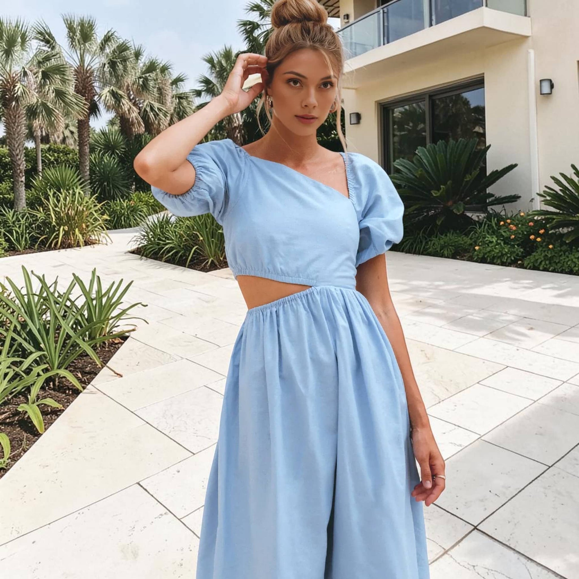 Puff Sleeve Linen Midi Dress, Cut Out Waist