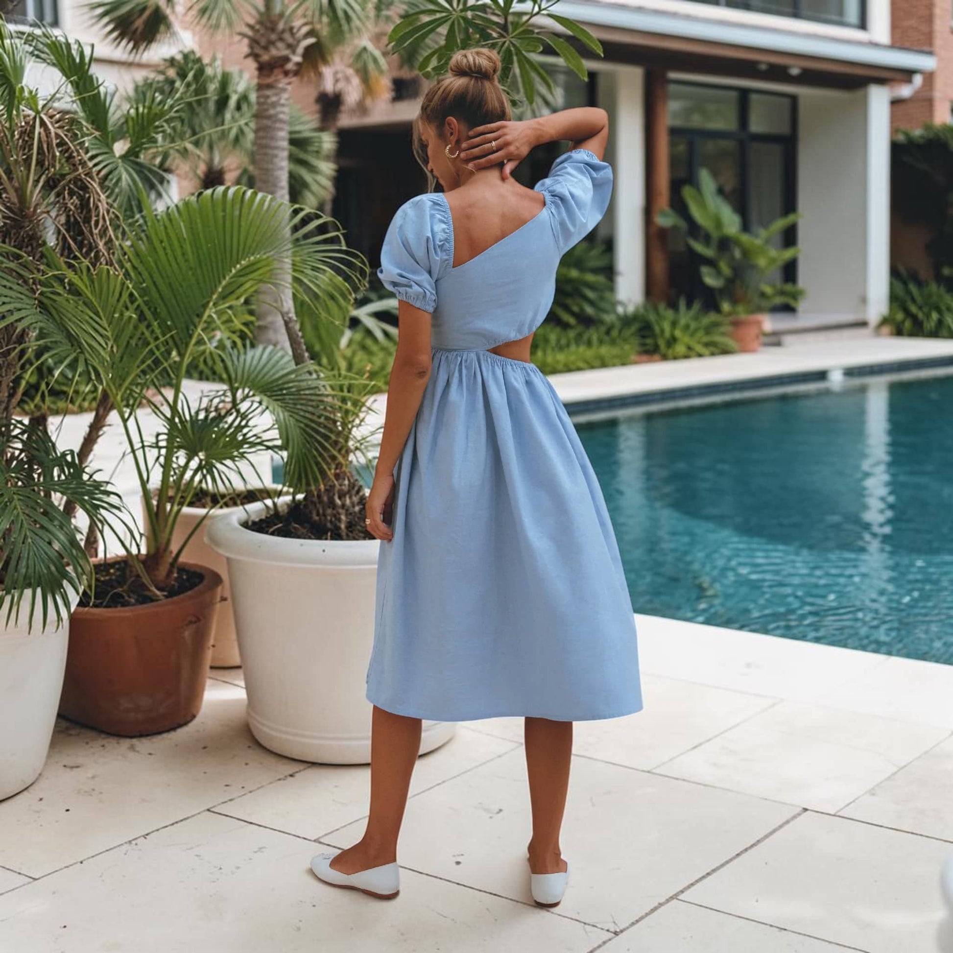 Puff Sleeve Linen Midi Dress, Cut Out Waist