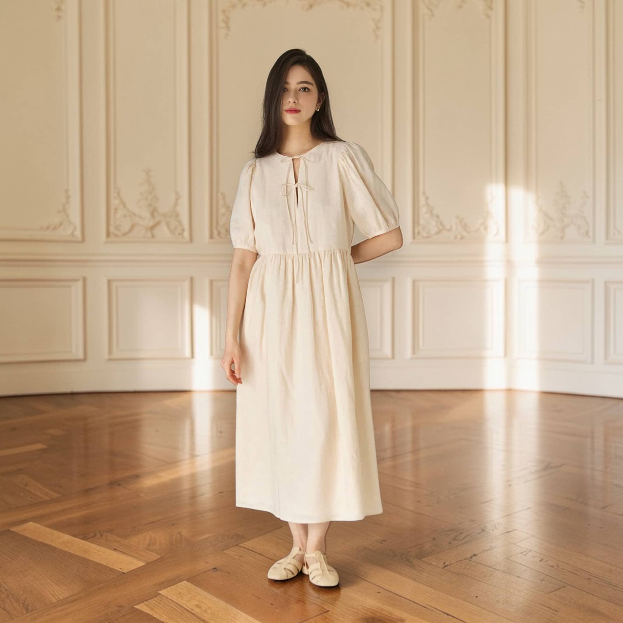 Puff Sleeve Linen Midi Dress, Empire Waist Midi Dress