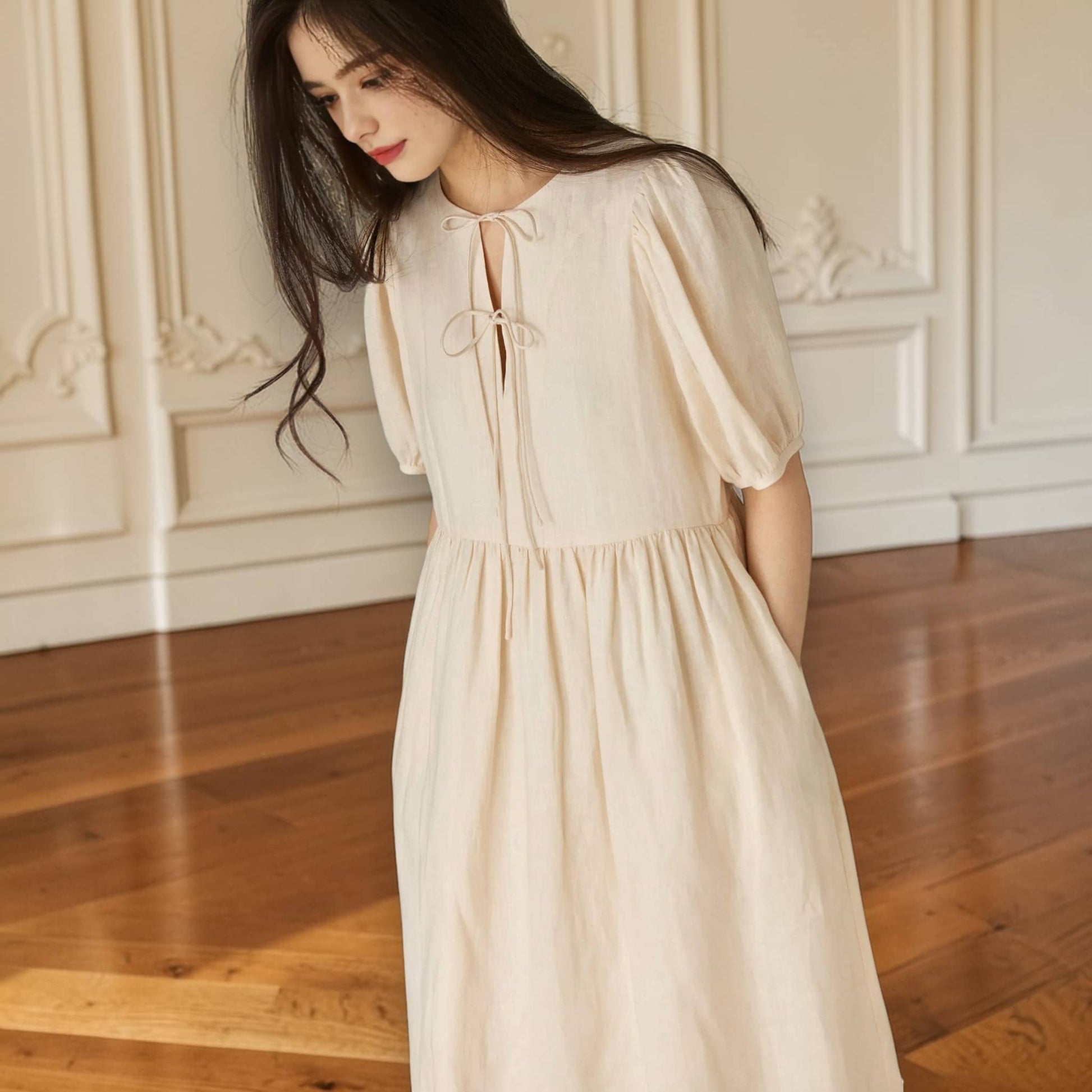 Puff Sleeve Linen Midi Dress, Empire Waist Midi Dress