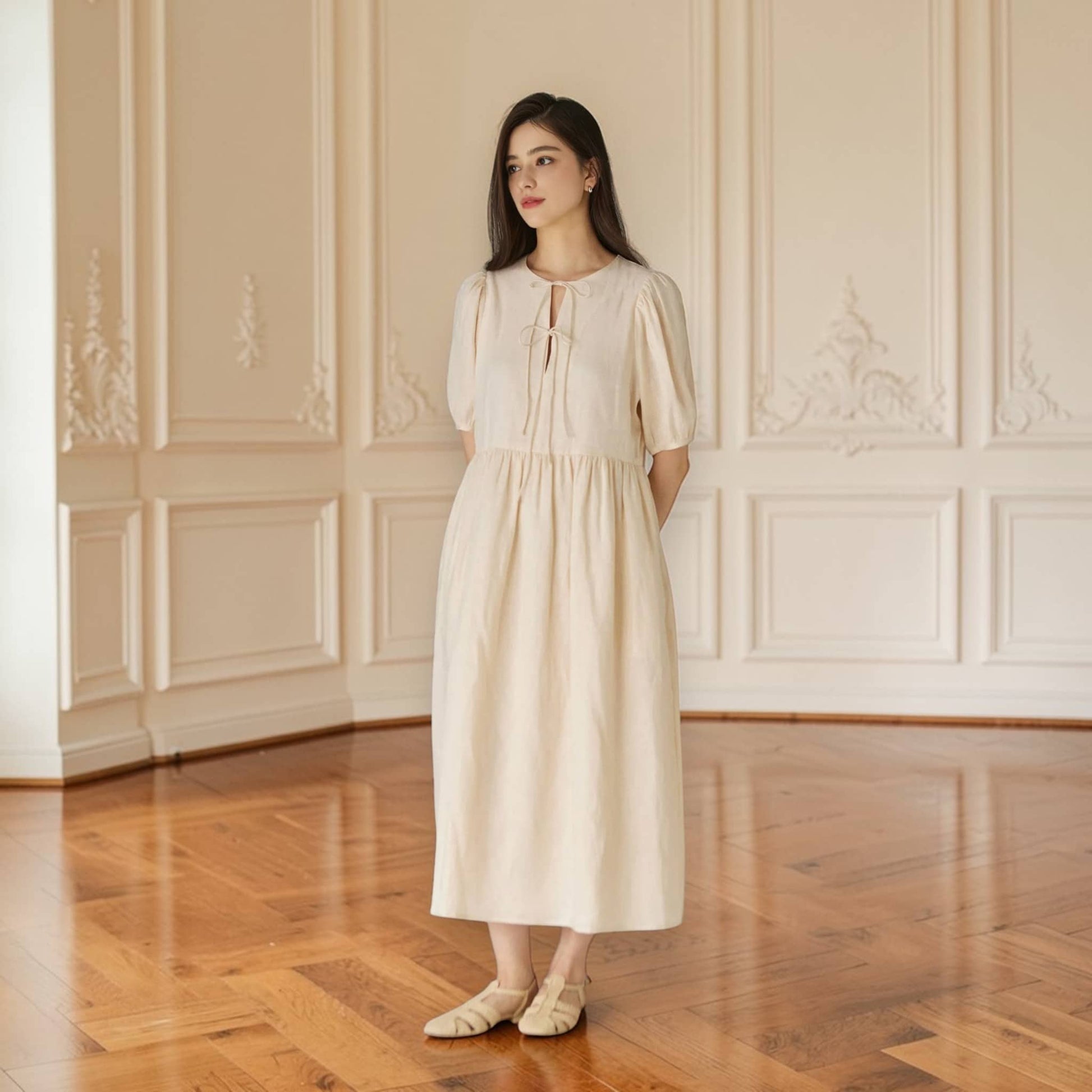 Puff Sleeve Linen Midi Dress, Empire Waist Midi Dress
