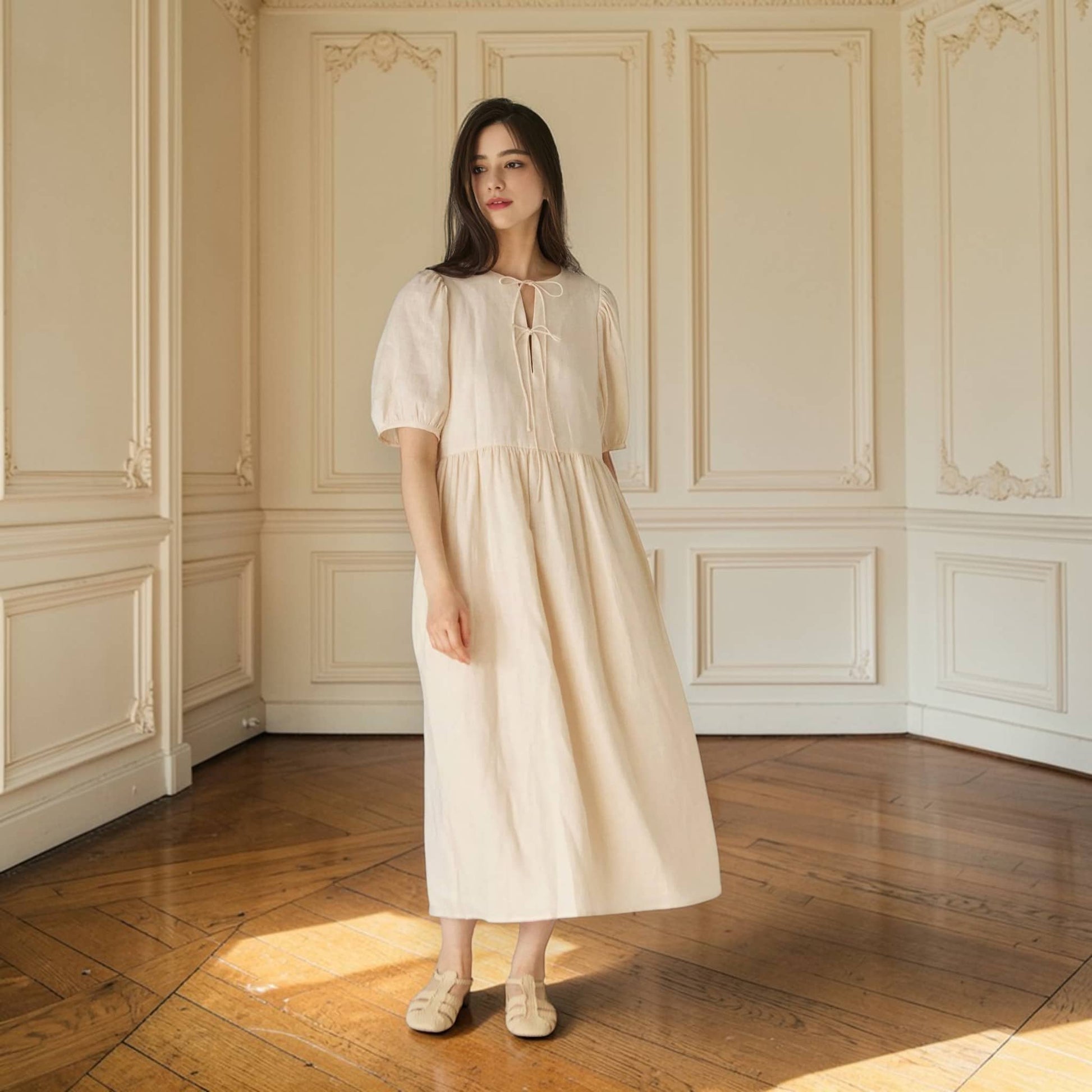 Puff Sleeve Linen Midi Dress, Empire Waist Midi Dress
