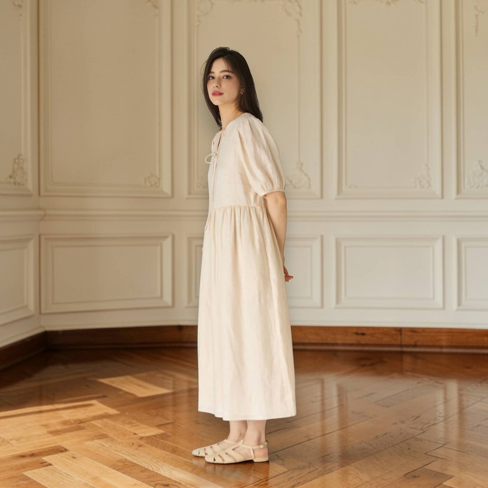 Puff Sleeve Linen Midi Dress, Empire Waist Midi Dress