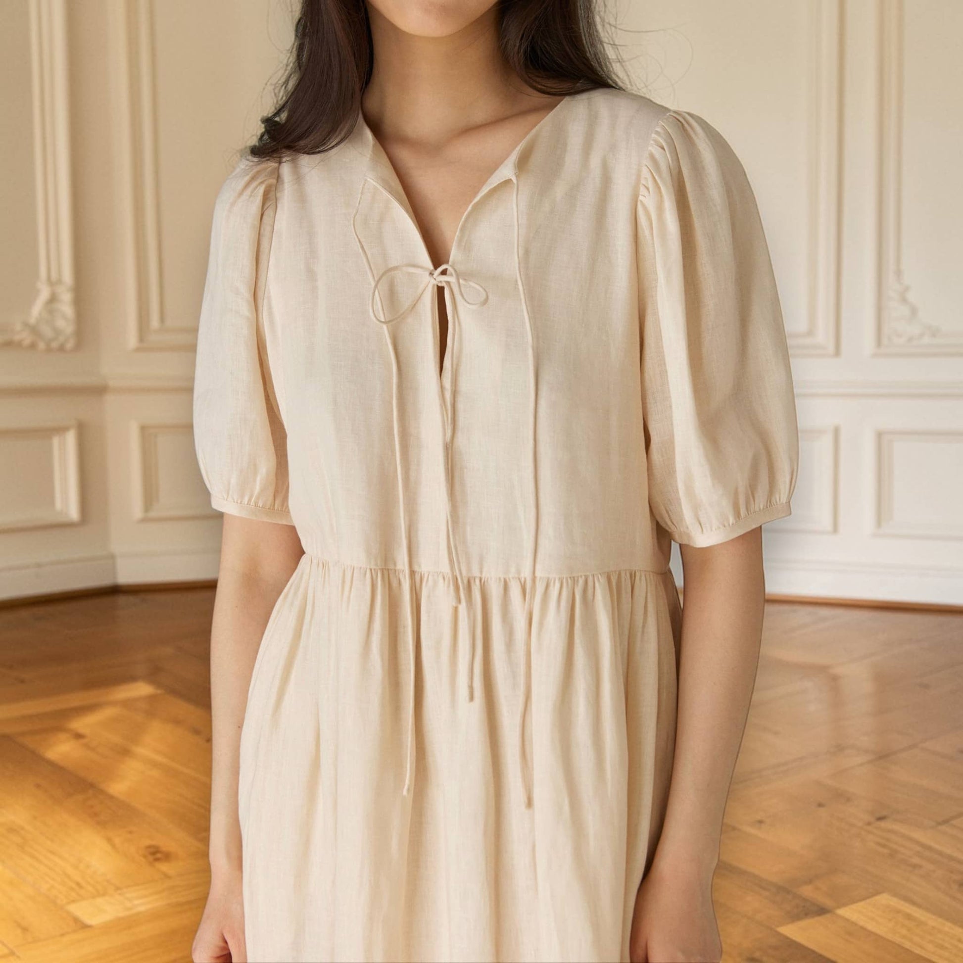 Puff Sleeve Linen Midi Dress, Empire Waist Midi Dress
