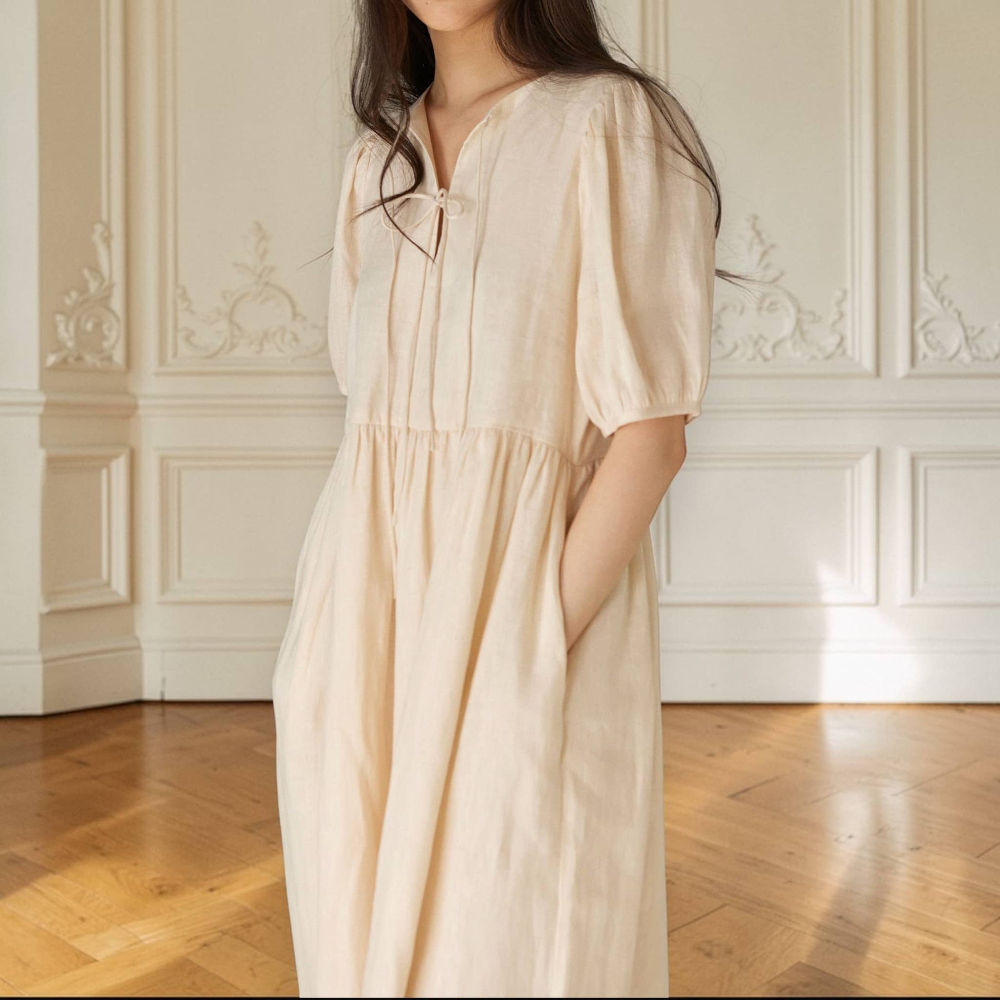 Puff Sleeve Linen Midi Dress, Empire Waist Midi Dress