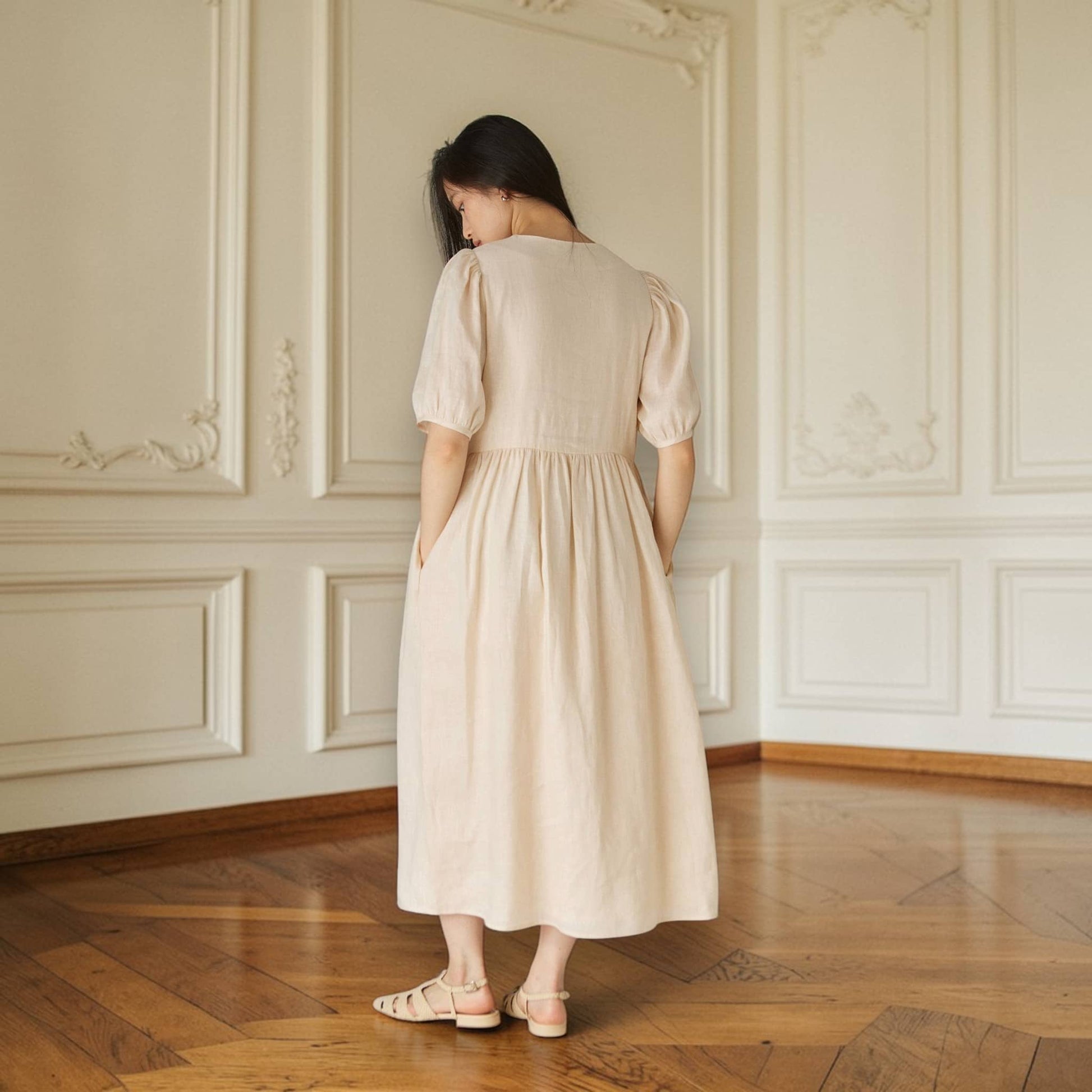 Puff Sleeve Linen Midi Dress, Empire Waist Midi Dress