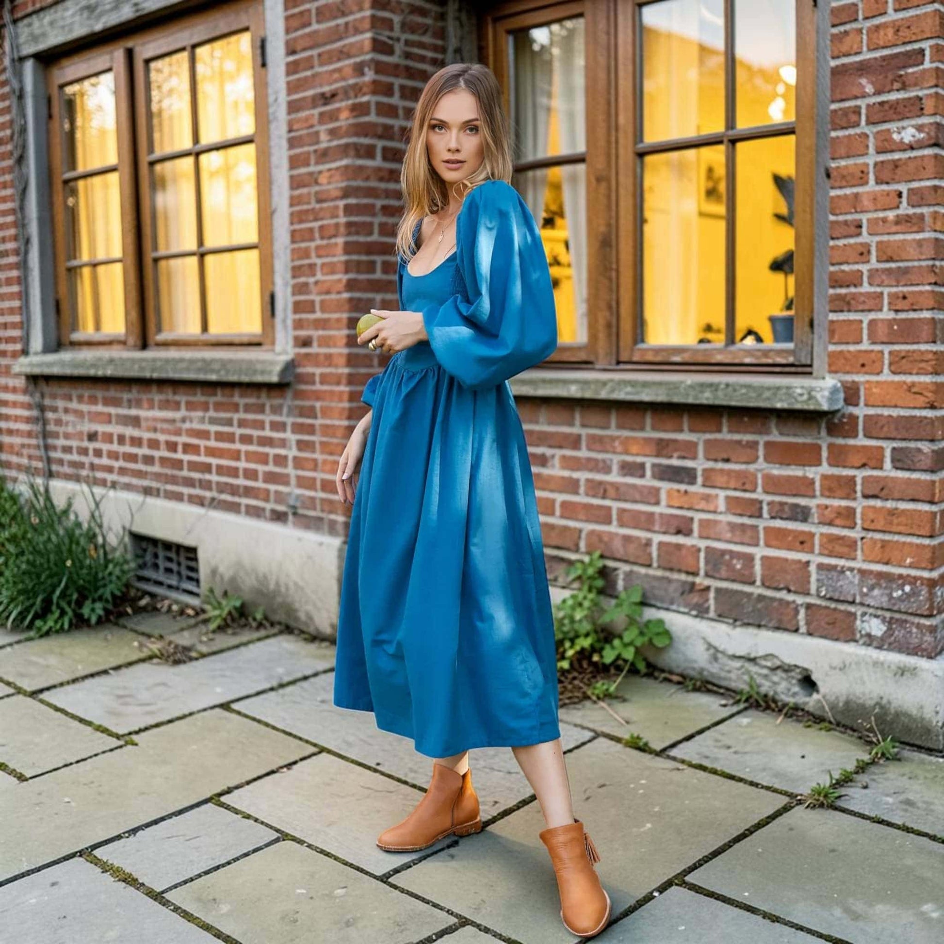 Puff Sleeve Linen Midi Dress, Long Sleeve Smocked Back