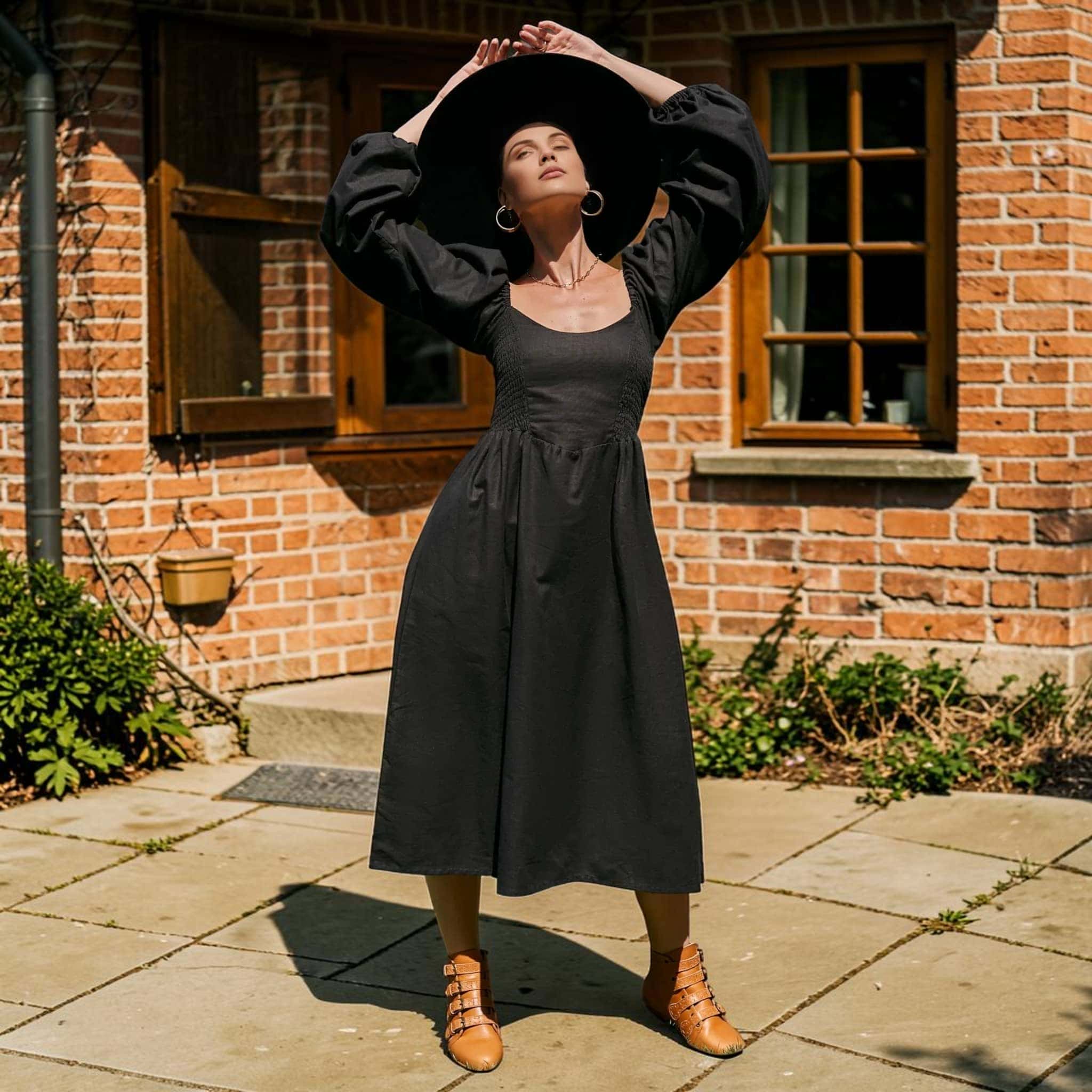 Puff Sleeve Linen Midi Dress, Long Sleeve Smocked Back