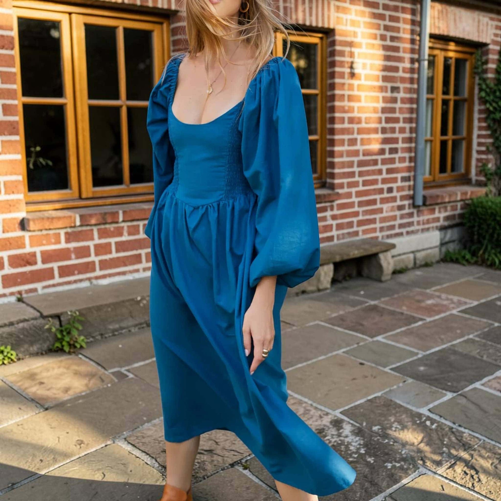 Puff Sleeve Linen Midi Dress, Long Sleeve Smocked Back