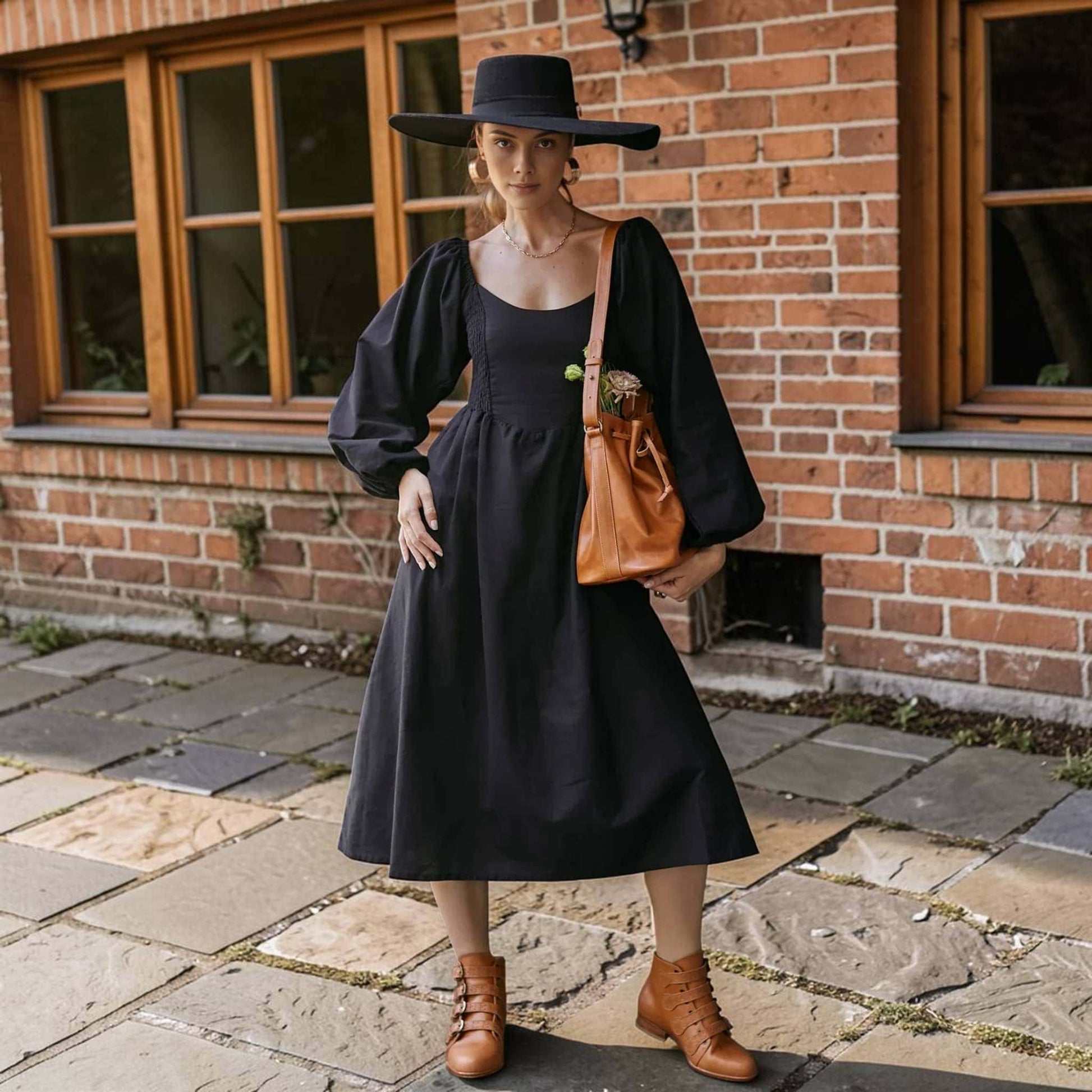 Puff Sleeve Linen Midi Dress, Long Sleeve Smocked Back