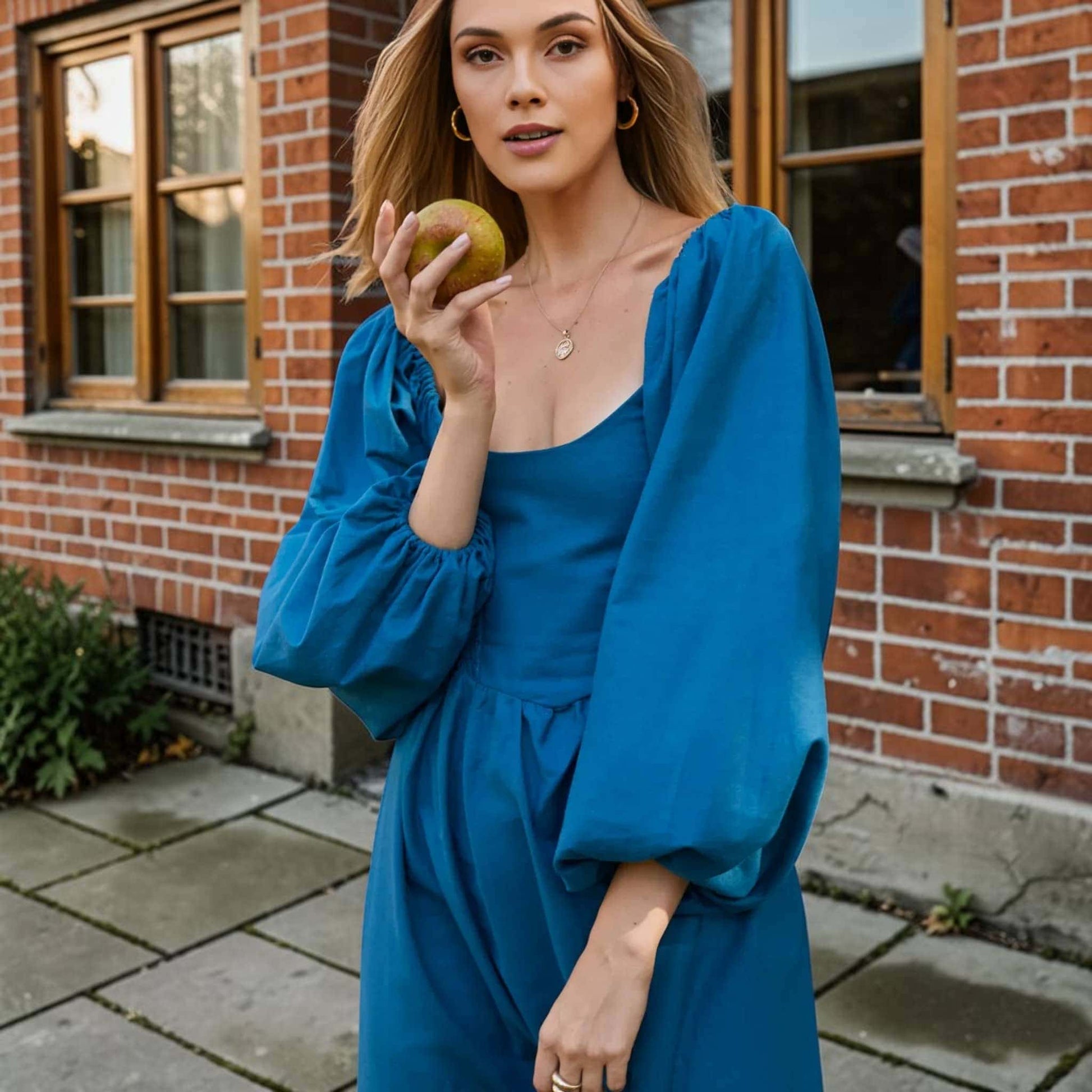 Puff Sleeve Linen Midi Dress, Long Sleeve Smocked Back