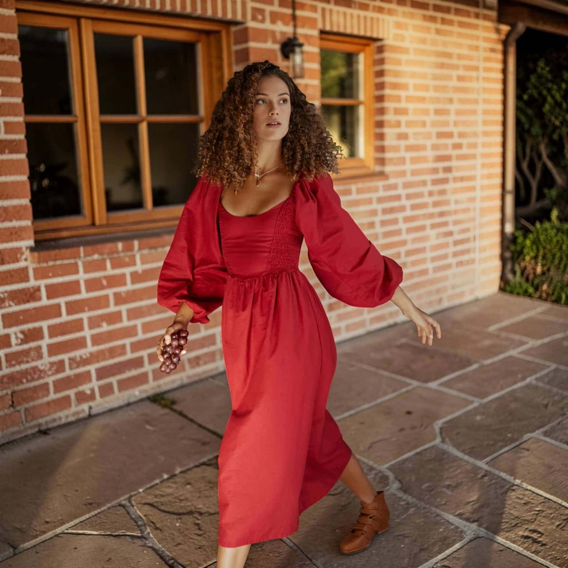 Puff Sleeve Linen Midi Dress, Long Sleeve Smocked Back