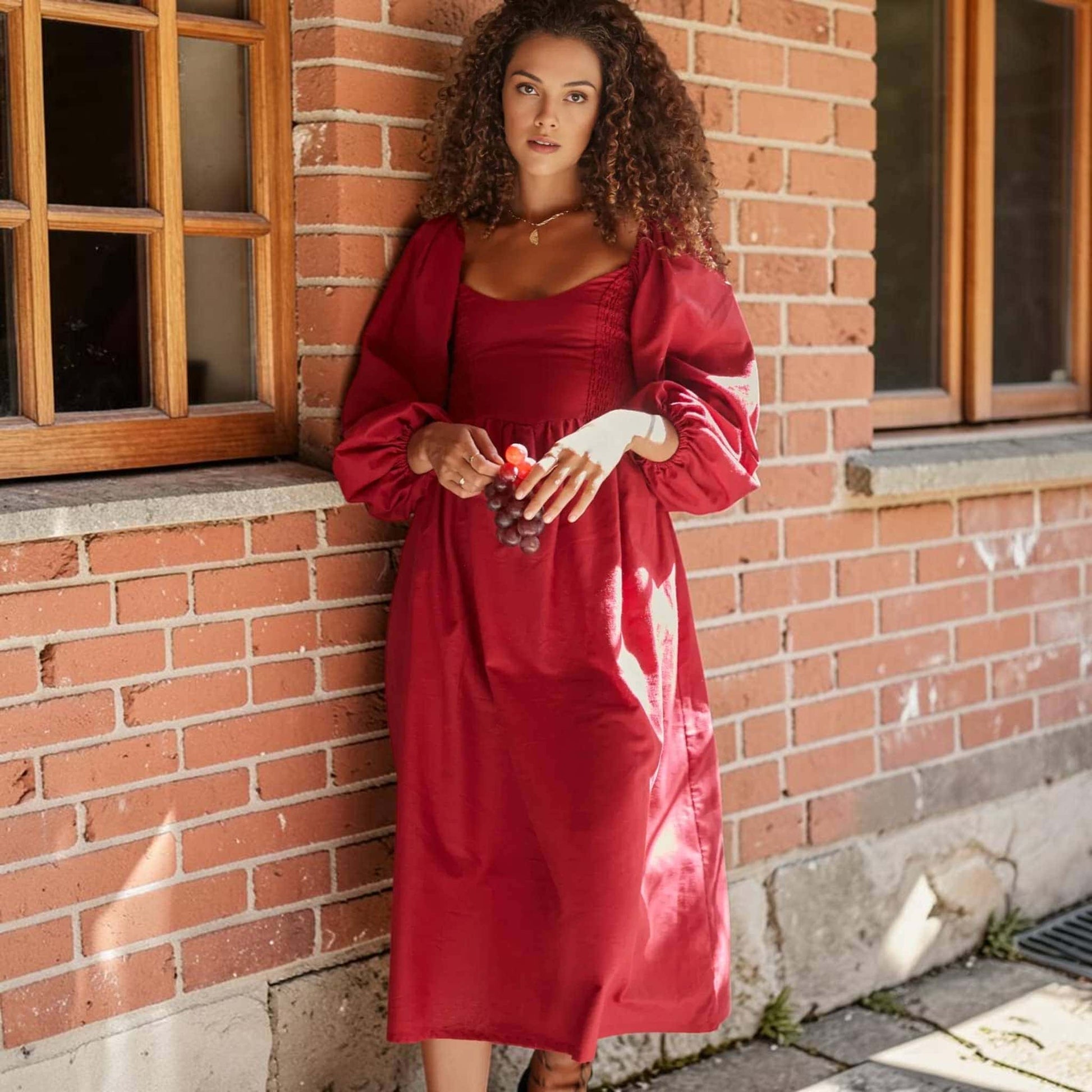 Puff Sleeve Linen Midi Dress, Long Sleeve Smocked Back