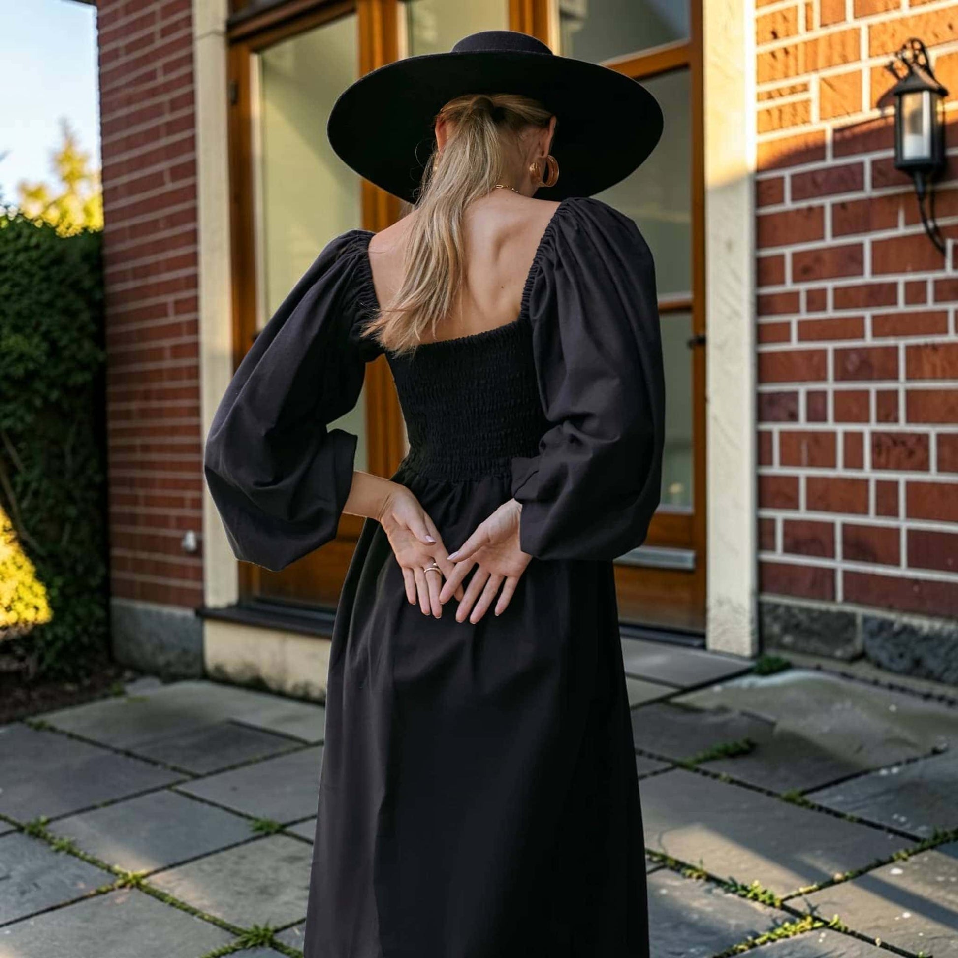 Puff Sleeve Linen Midi Dress, Long Sleeve Smocked Back