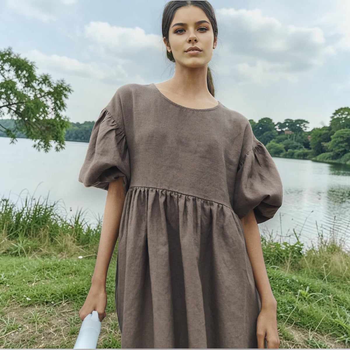 Puff Sleeve Linen Midi Dress, Round Neck Empire Waist