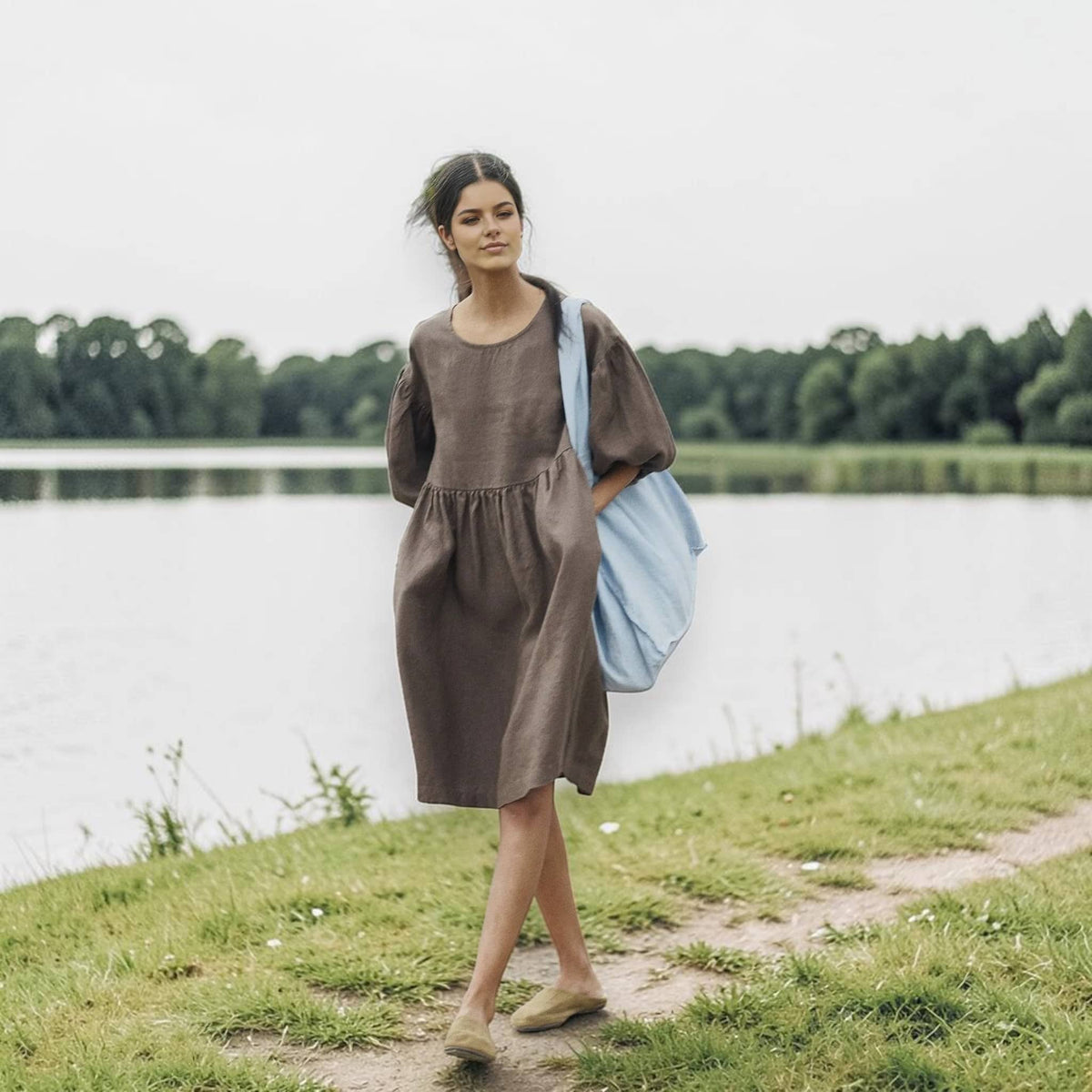 Puff Sleeve Linen Midi Dress, Round Neck Empire Waist