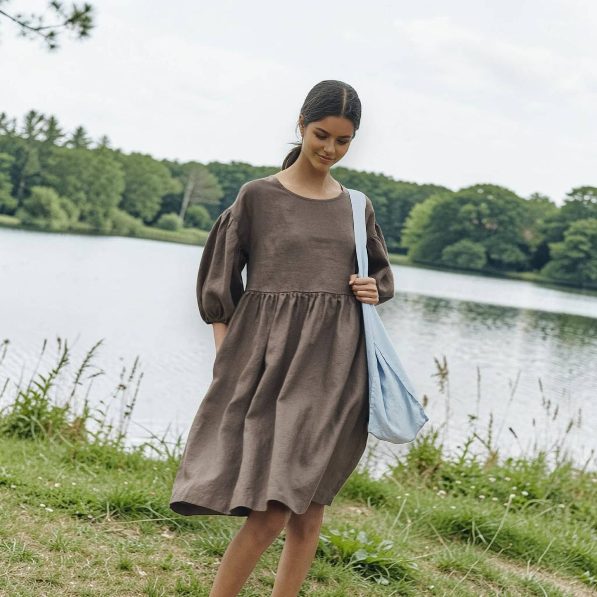 Puff Sleeve Linen Midi Dress, Round Neck Empire Waist