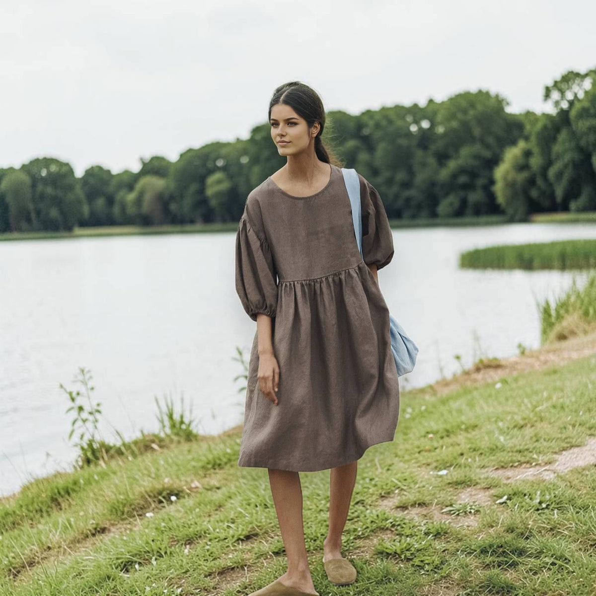 Puff Sleeve Linen Midi Dress, Round Neck Empire Waist