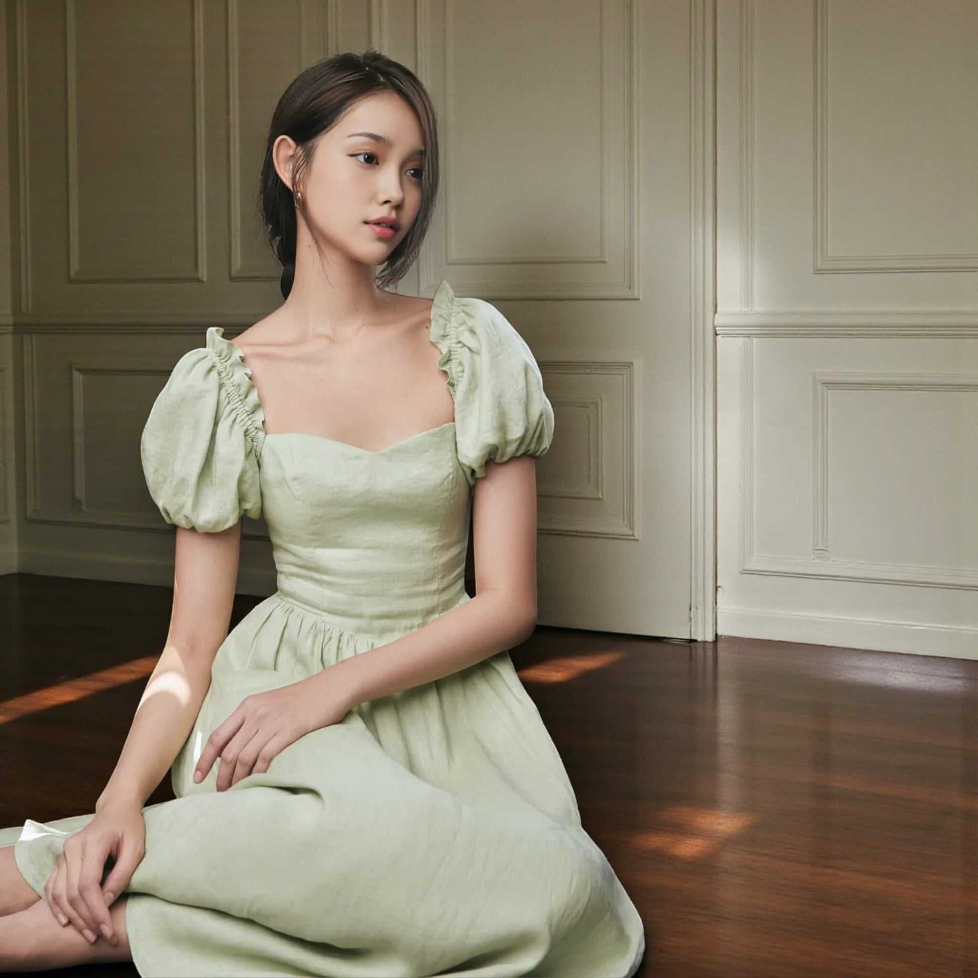 Puff Sleeve Linen Midi Dress, Tie Back Midi Dress