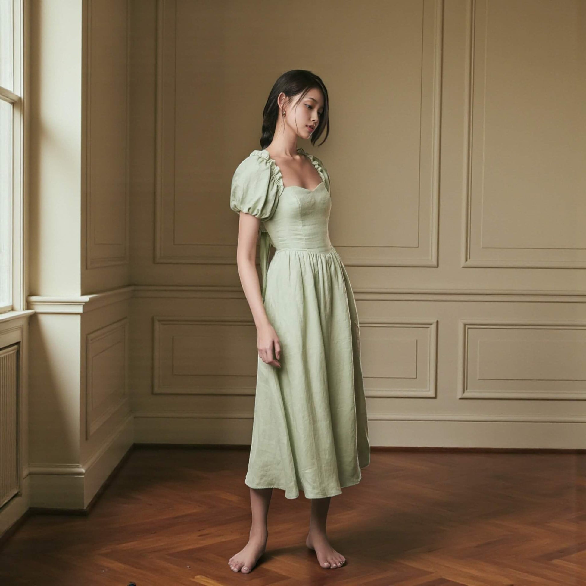 Puff Sleeve Linen Midi Dress, Tie Back Midi Dress