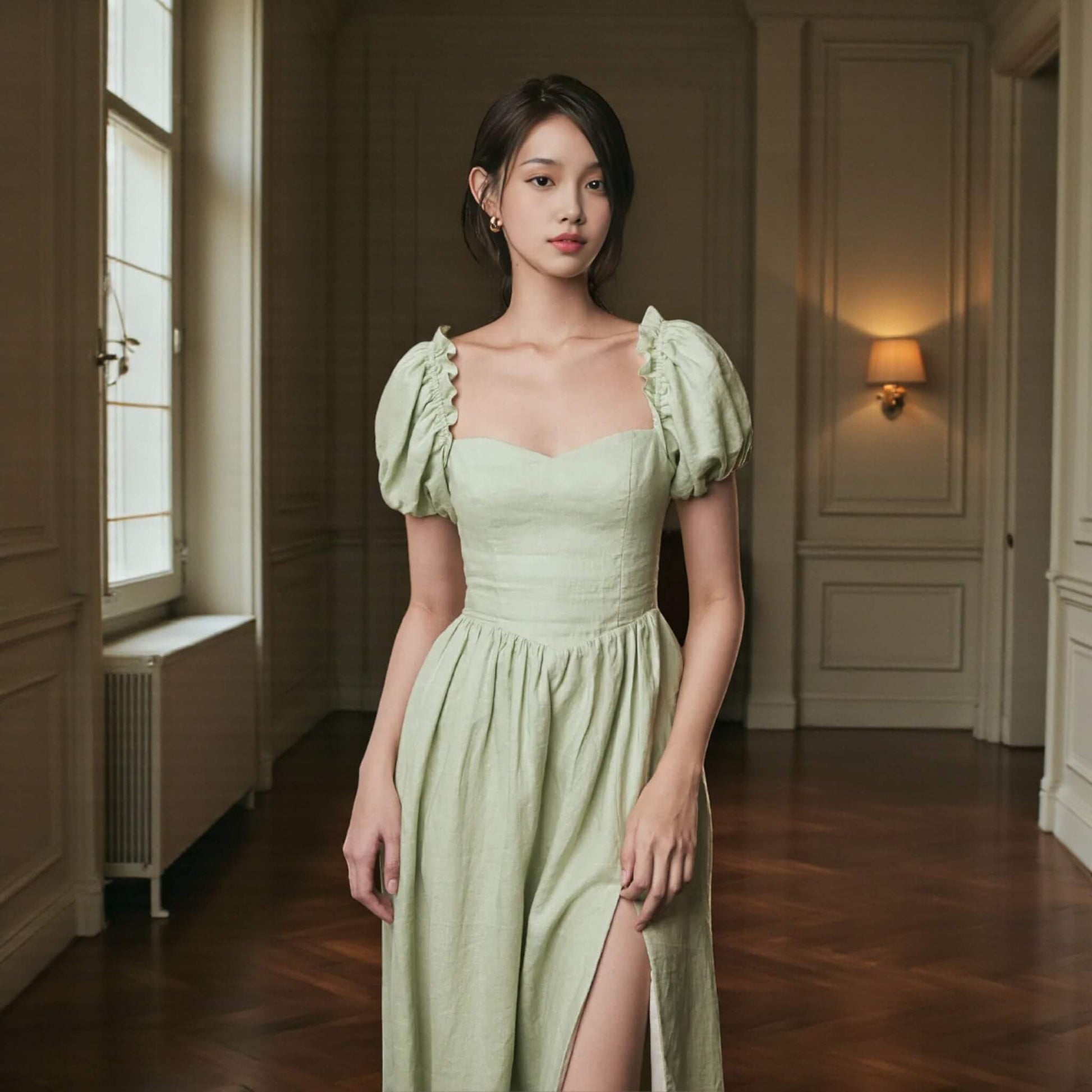 Puff Sleeve Linen Midi Dress, Tie Back Midi Dress