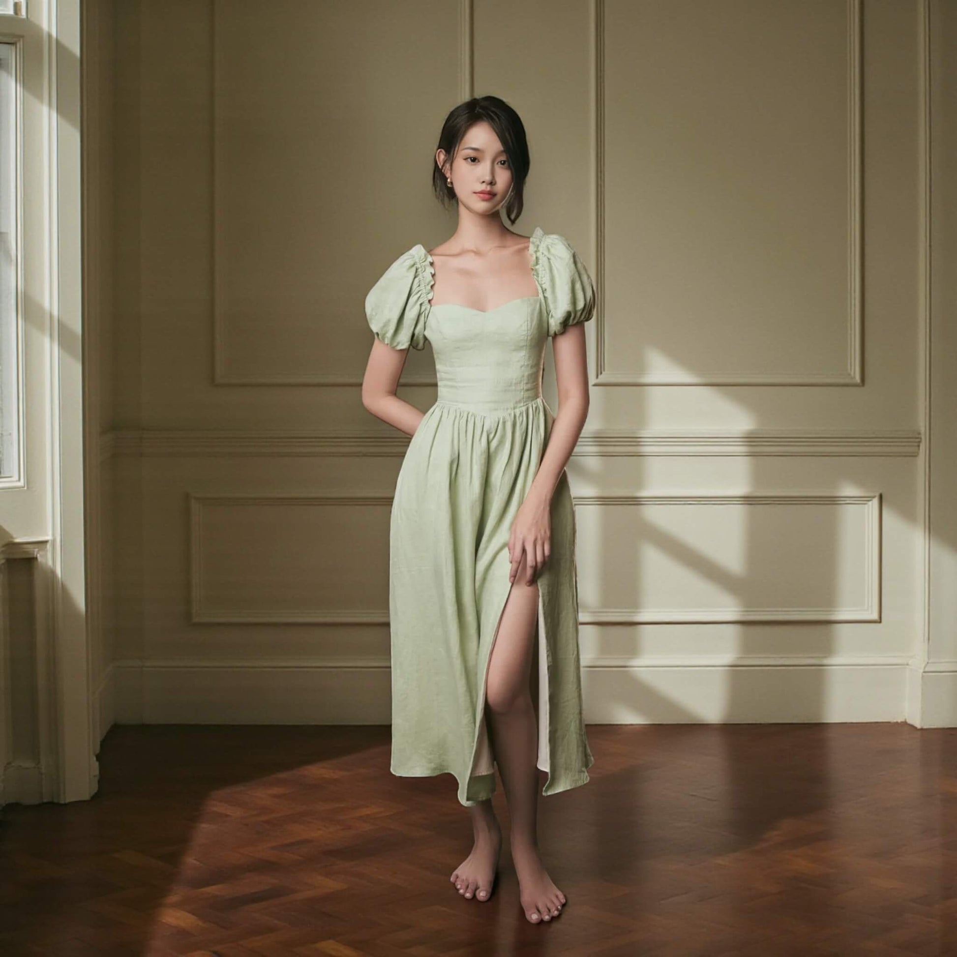 Puff Sleeve Linen Midi Dress, Tie Back Midi Dress