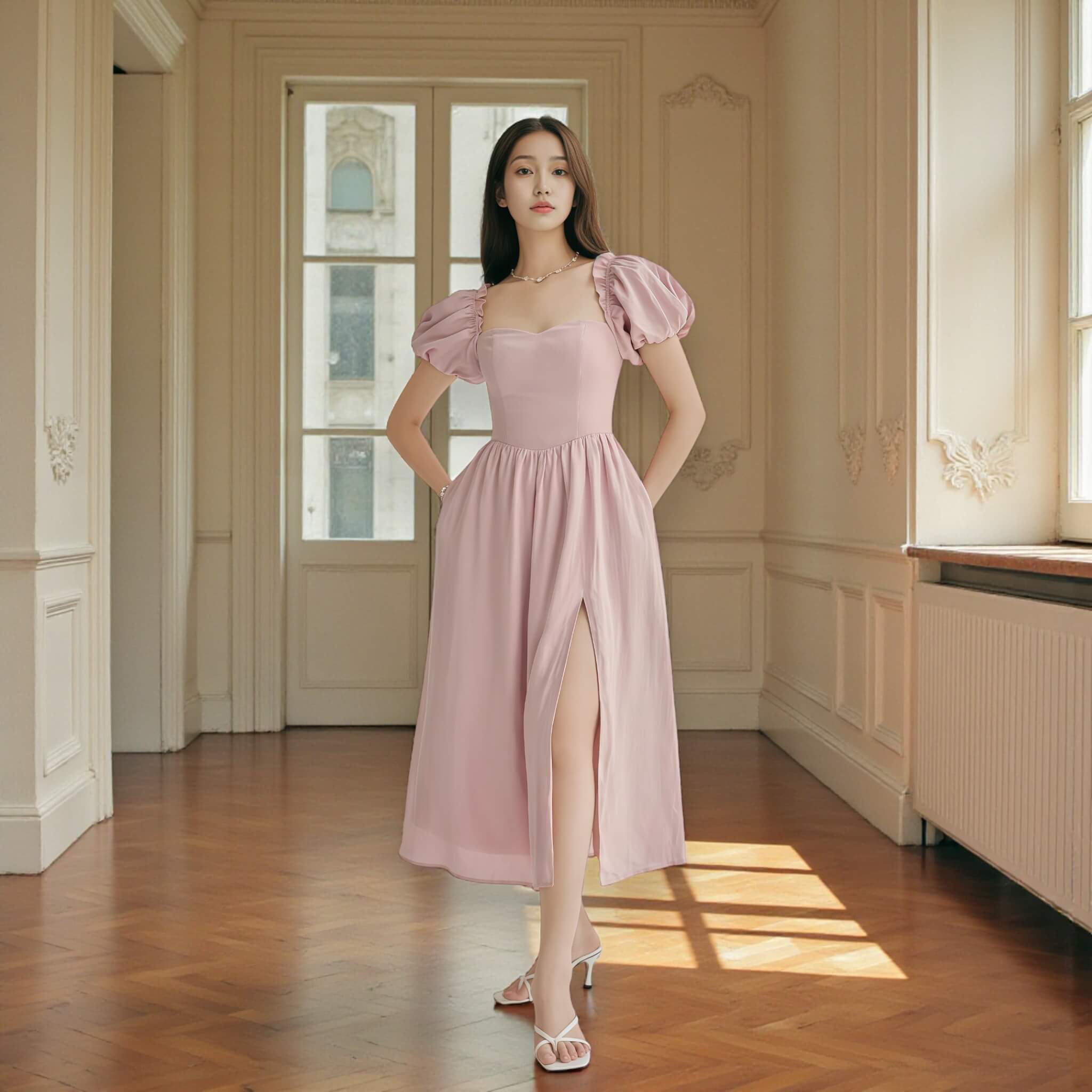 Puff Sleeve Linen Midi Dress, Tie Back Midi Dress