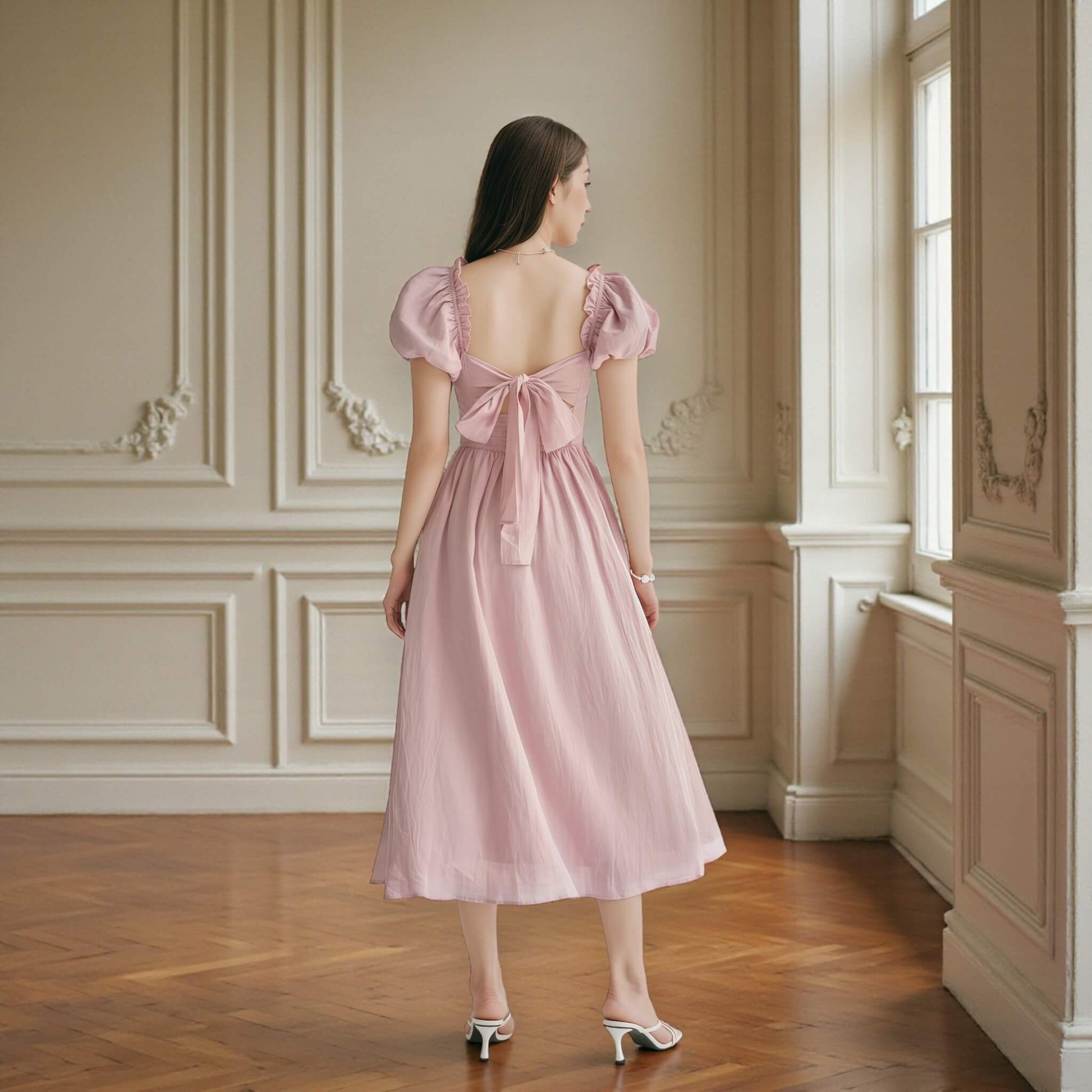 Puff Sleeve Linen Midi Dress, Tie Back Midi Dress