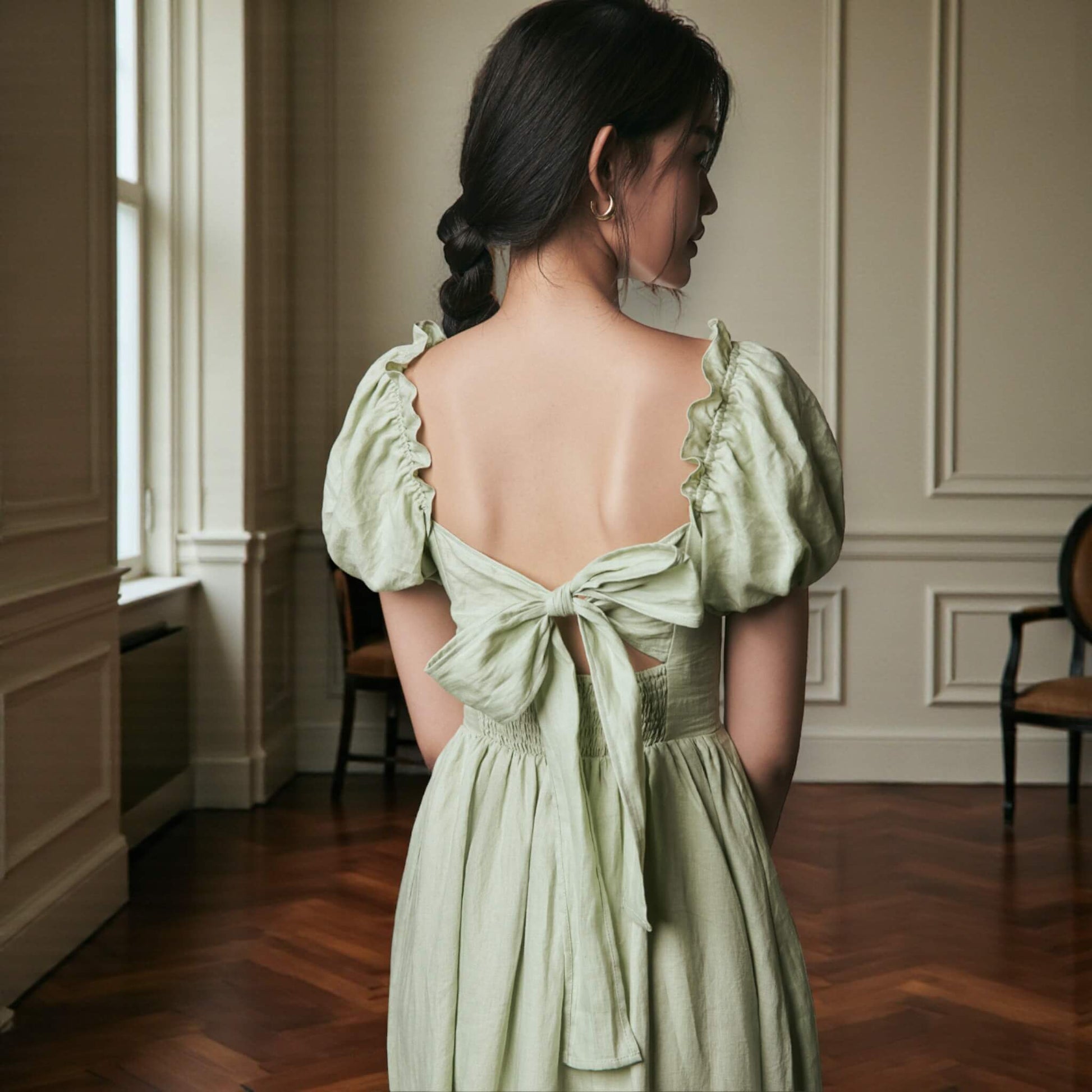 Puff Sleeve Linen Midi Dress, Tie Back Midi Dress