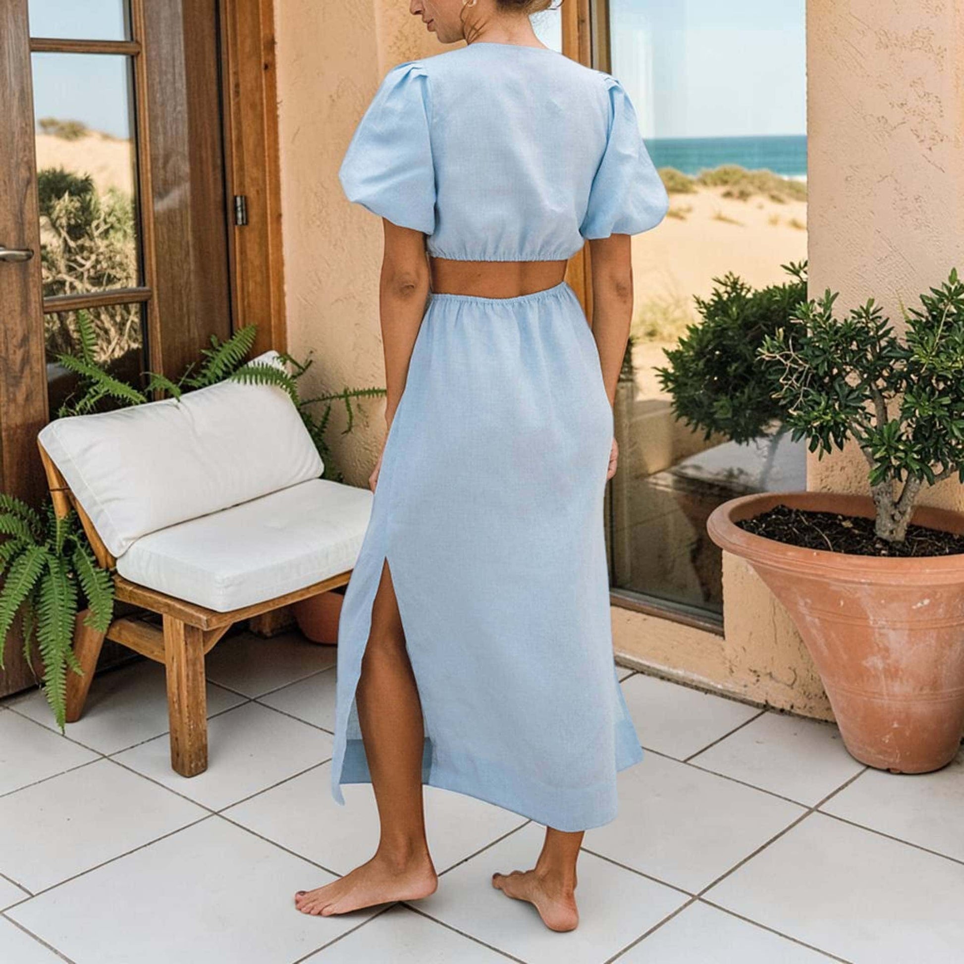 Puff Sleeve Linen Midi Dress, V Neckline Twist Front